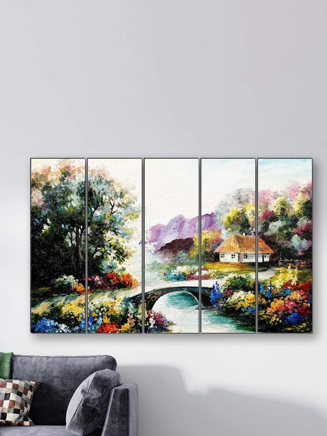 SAF Green & Yellow 5 Pieces Nature UV Textured Painting Wall Arts