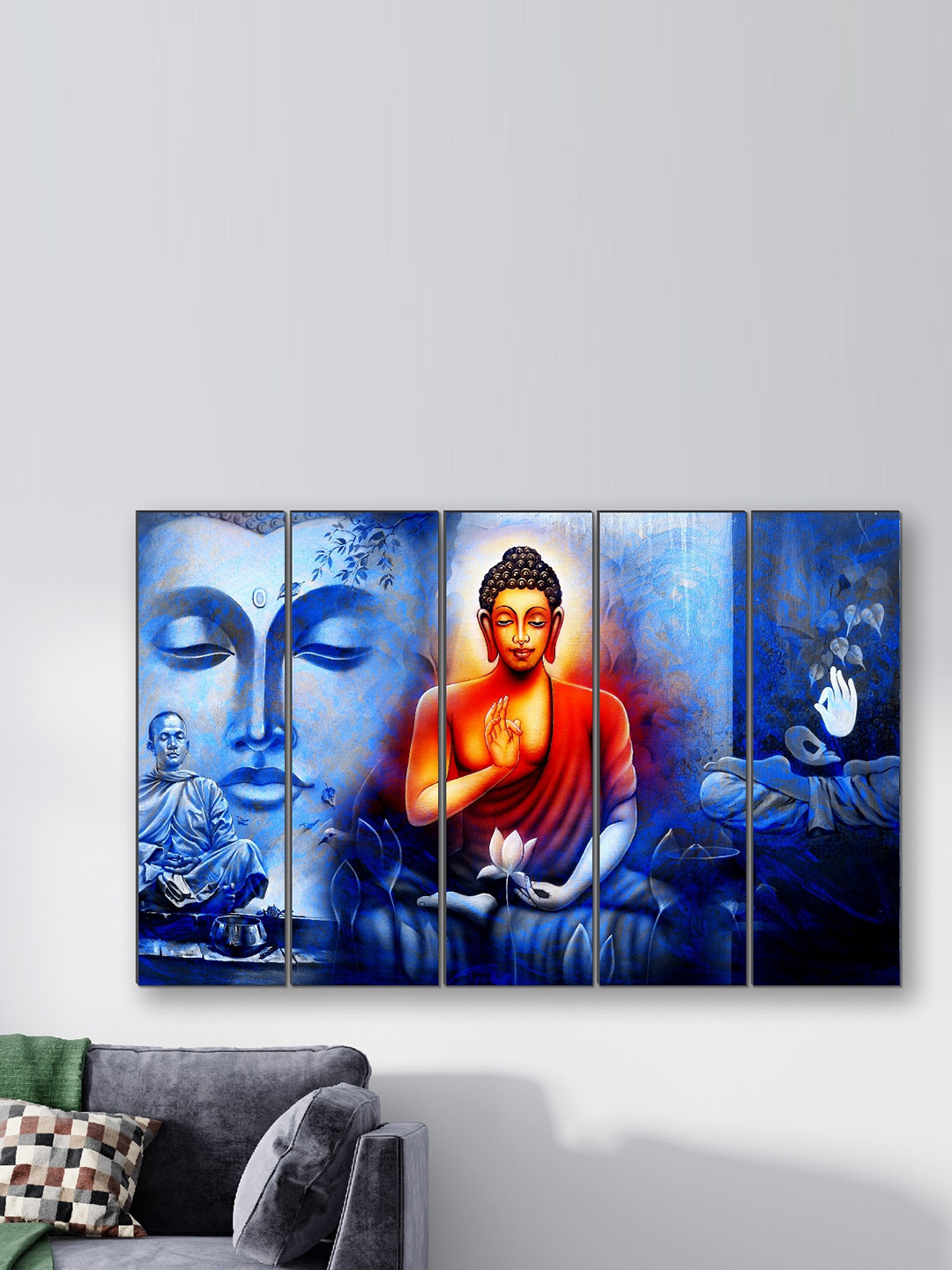 SAF Blue & Orange 5 Pieces Buddha Painting Framed Wall Art