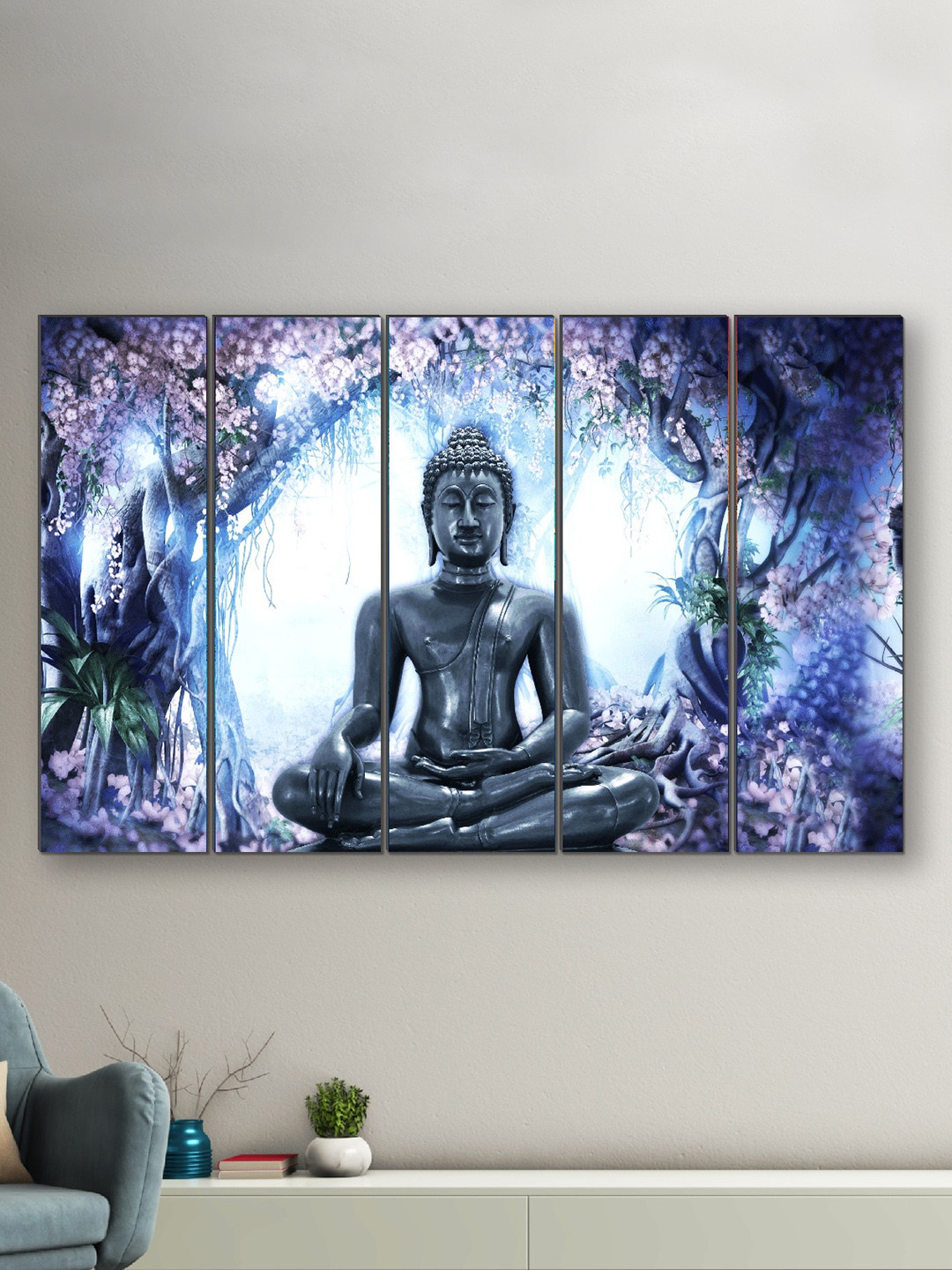 SAF 5 Pieces Blue Buddha Printed Wall Art