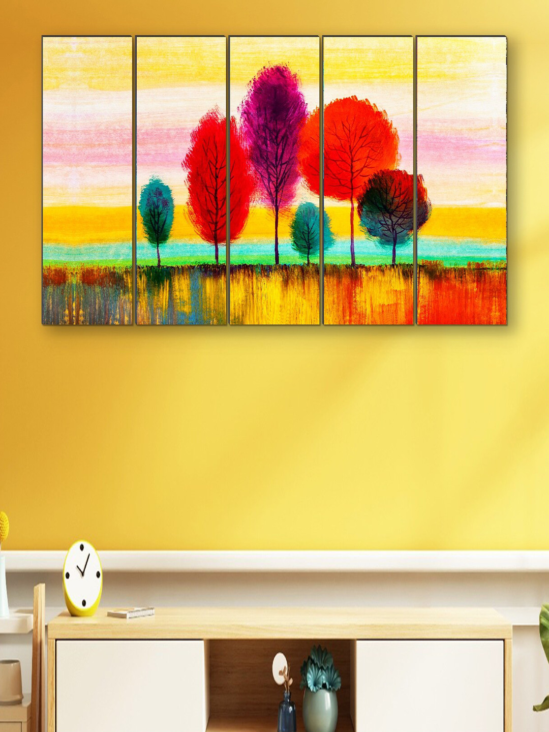 SAF Yellow & Red 5 Pieces Panel Painting Framed Wall Art