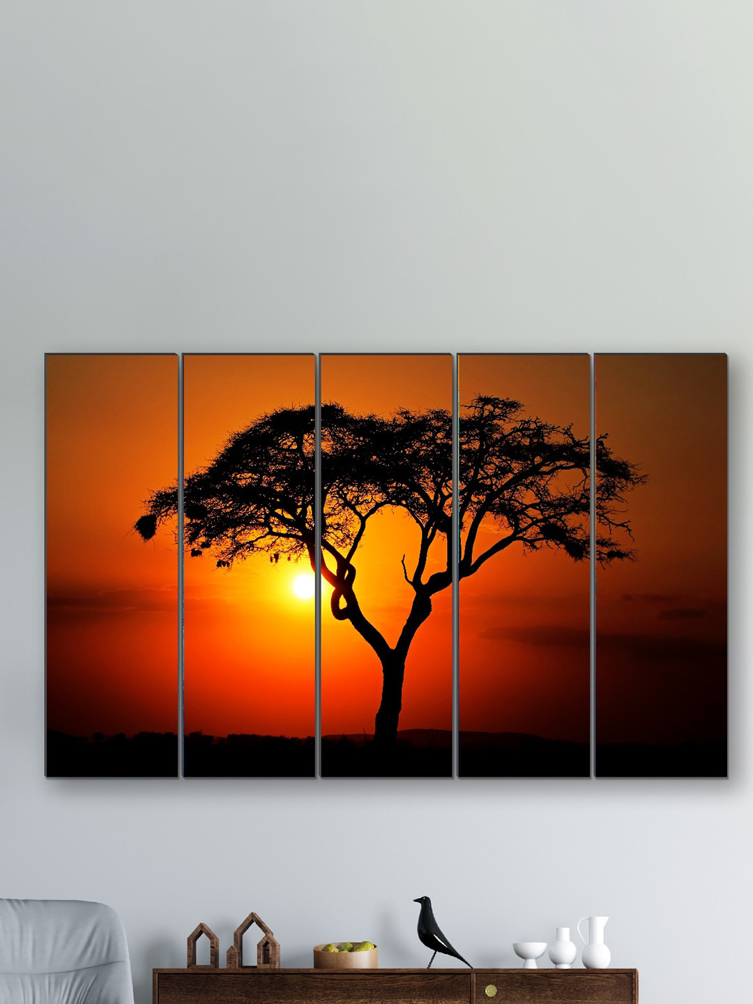 SAF Orange-Colored & Red 5 Pieces UV Textured Natural Scenery Painting