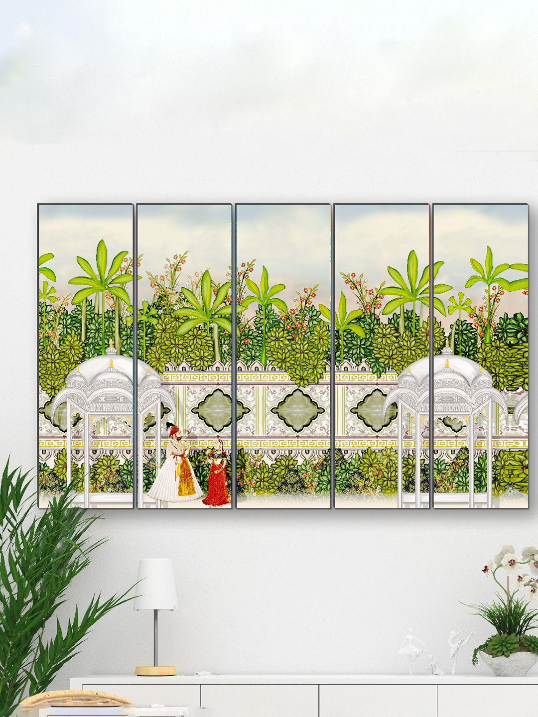 SAF Green & White 5 Pieces Panel Painting Framed Wall Art