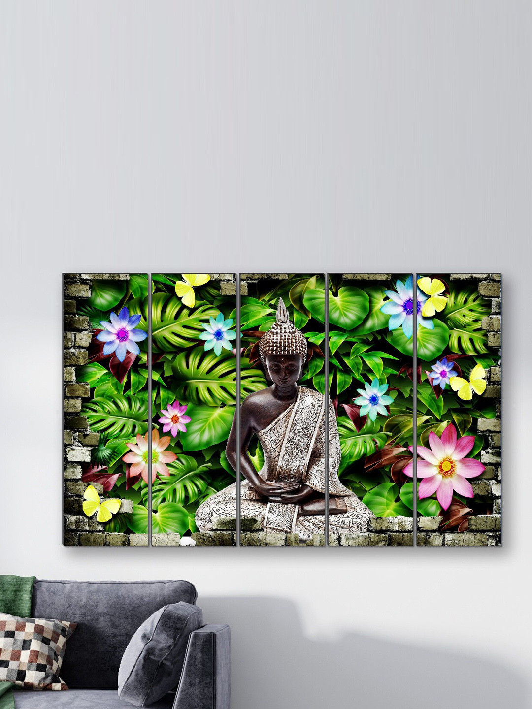 SAF Green & Pink 5 Pieces Buddha Printed Wooden UV Textured  Wall Arts