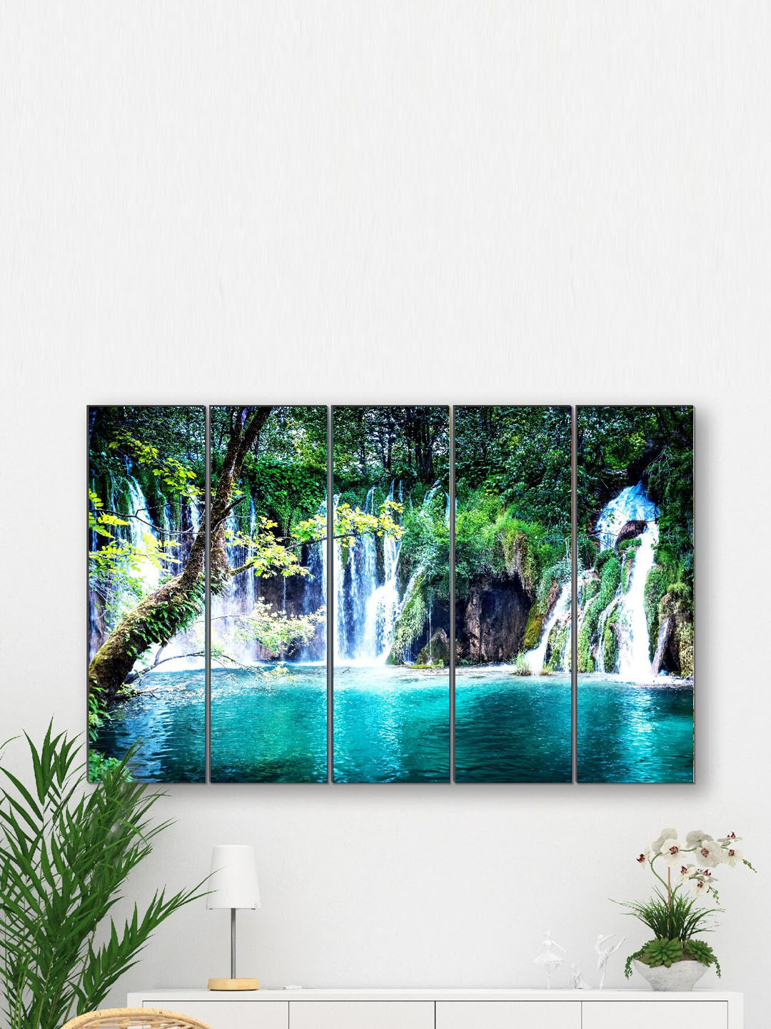 SAF Waterfall Blue MDF 5 Pcs Wall Living Room Rectangle Paintings Wall Art -24 x 8In