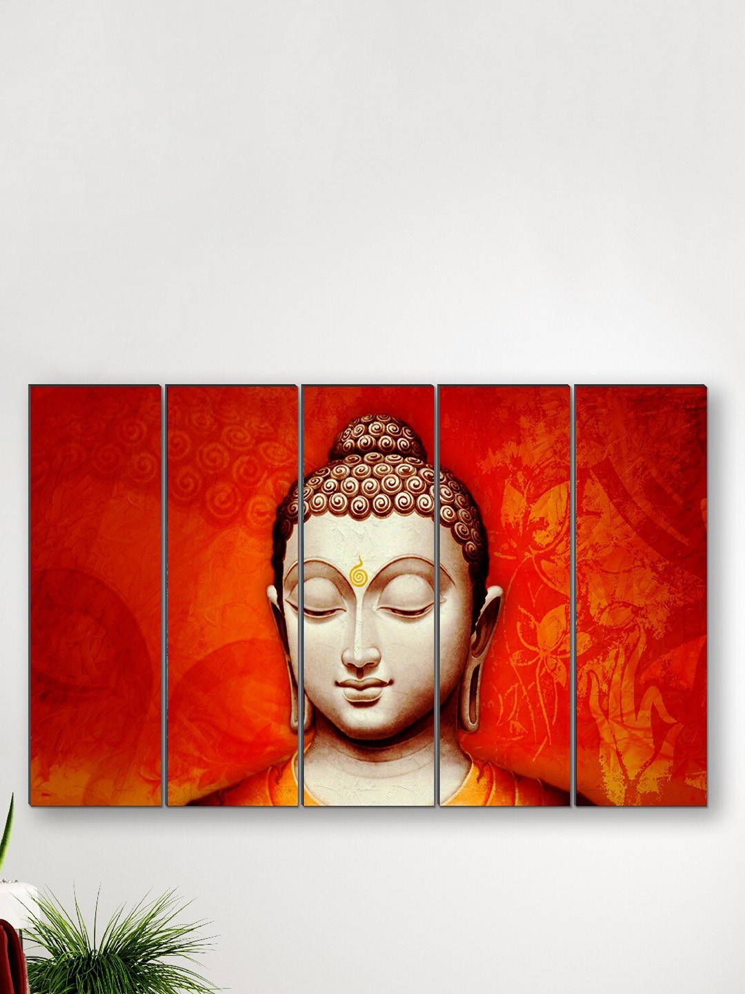 SAF Orange & Cream-Colored 5 Pieces Buddha UV Textured MDF Large Panel Wall Painting