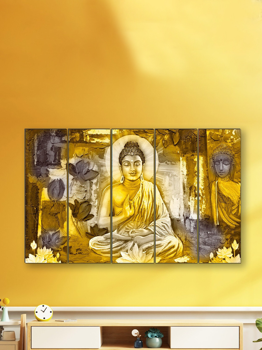 SAF Yellow & Grey 5 Pieces Buddha Printed Wooden UV Textured Wall Arts