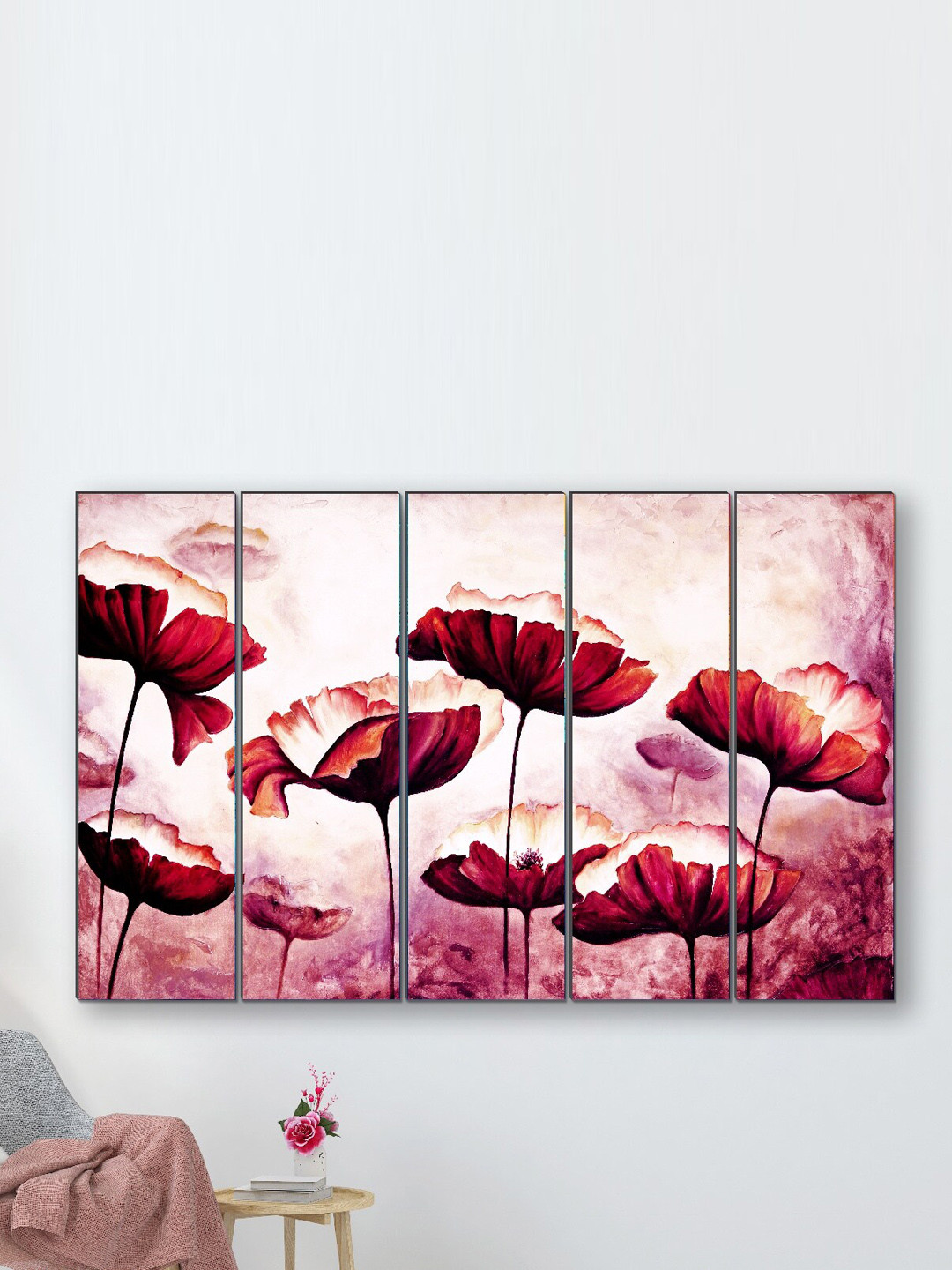 SAF Pink 5 Pieces Pretty Flower UV Textured Painting Wall Art