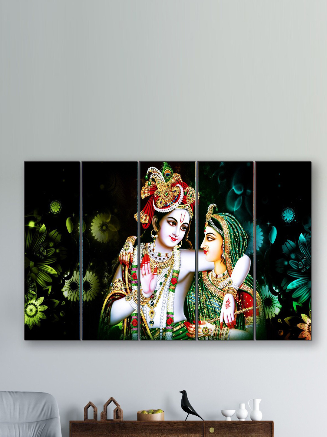 SAF Green & Red 5 Pieces Radha Krishna Printed Wooden UV Textured Wall Arts