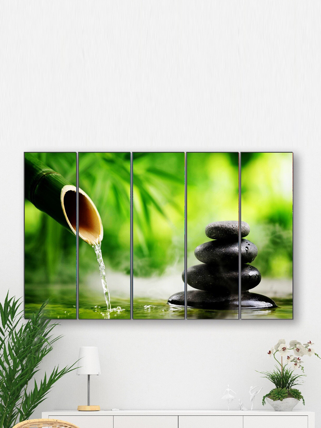 SAF Green & Black 5 Pieces Bamboo Printed Wall Art