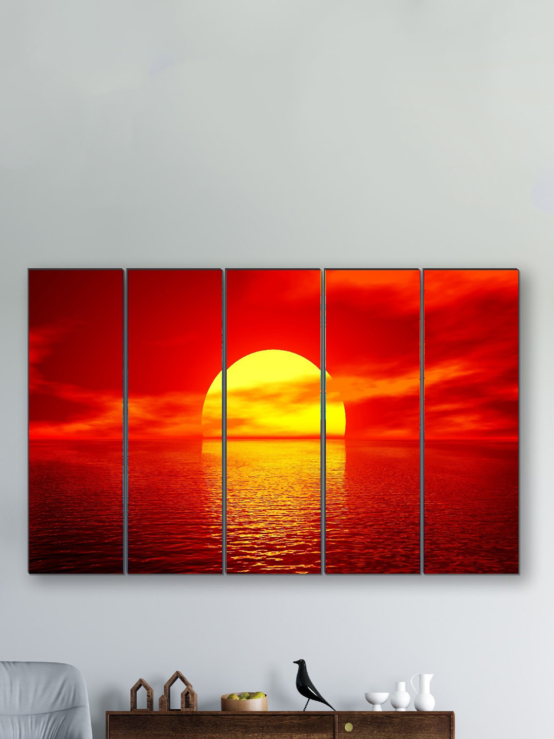 SAF Red & Yellow 5 Pieces Colored Sunrise UV Textured Large Panel Painting Wall Arts