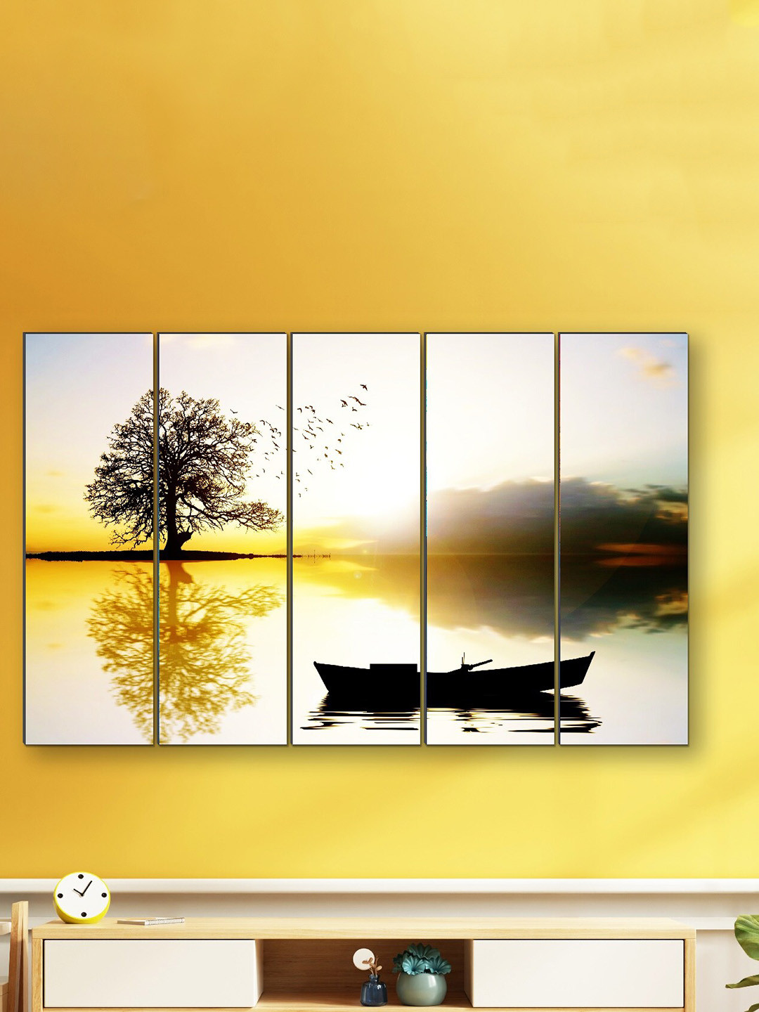 SAF White & Yellow 5 Pieces Large Panel Painting Wall Arts