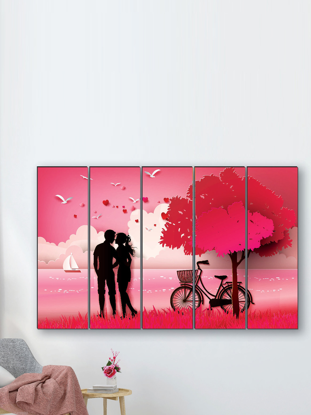 SAF Pink & Black 5 Pieces Couple Romance Printed Wooden UV Textured Wall Arts