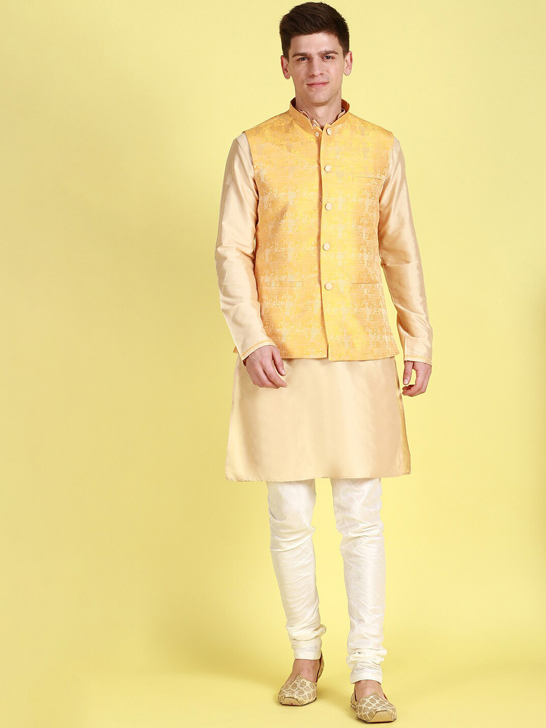 Here&Now X Sanwara  Mandarin Collar Straight Kurta with Churidar & Nehru Jacket