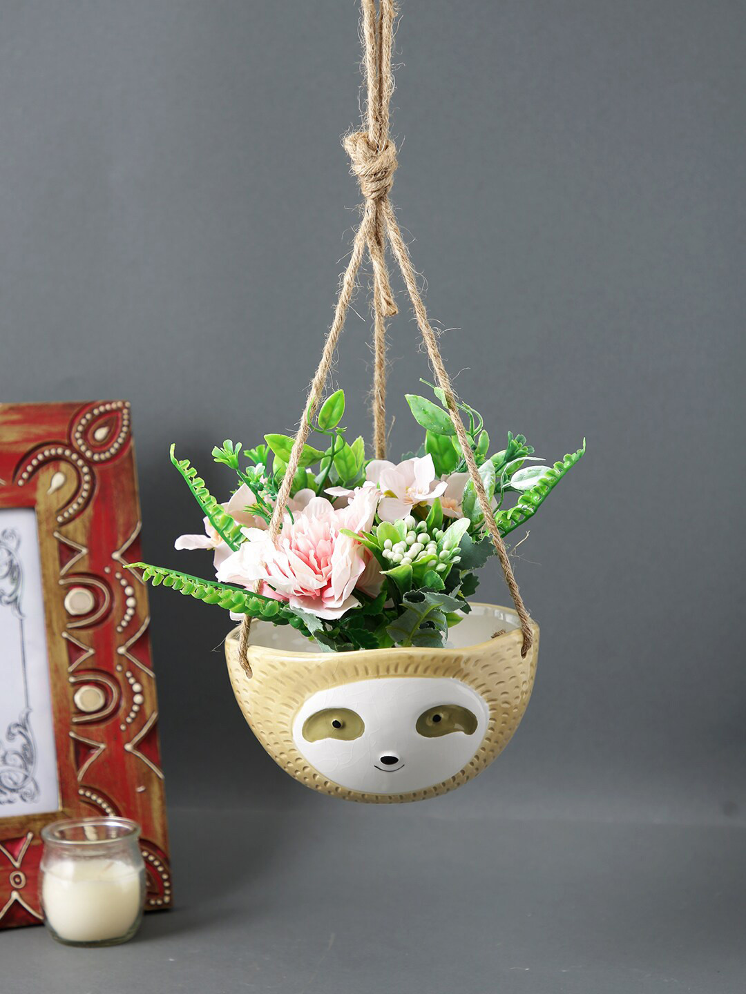 TAYHAA Beige Baby Face Hanging Ceramic Planter