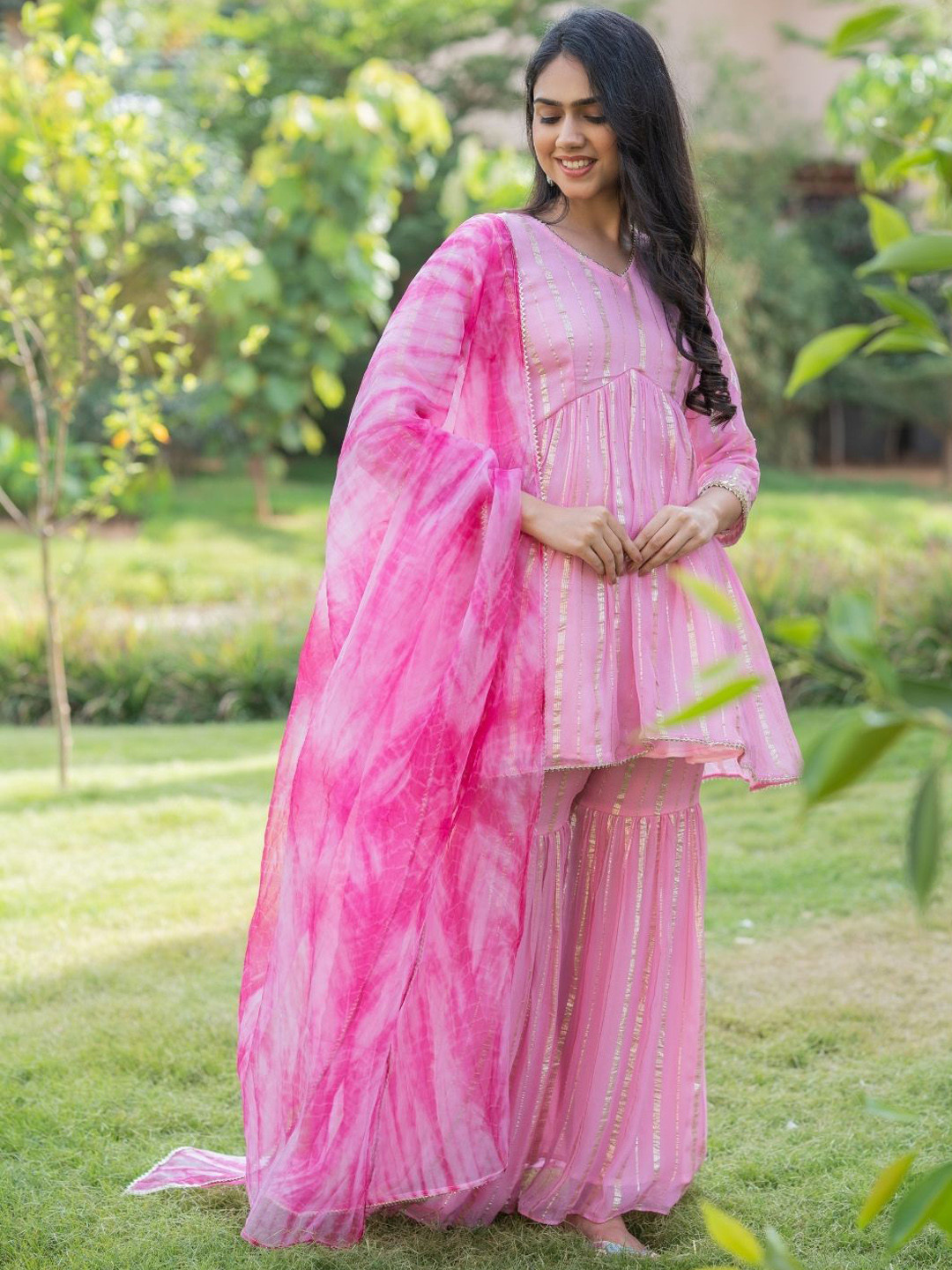 HOUSE OF JAMOTI Striped Gotta Patti Panelled Anarkali Kurti with Sharara