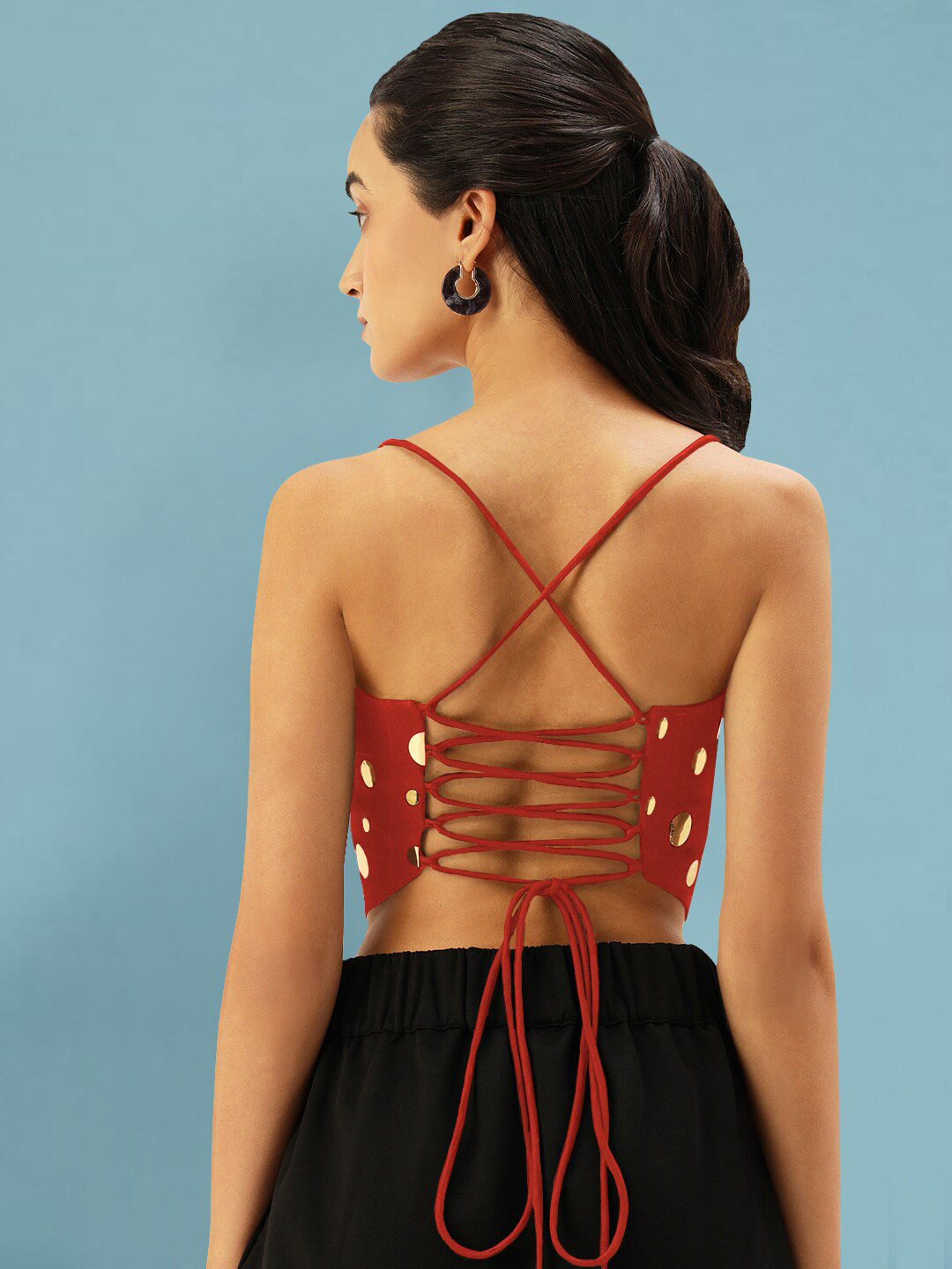 Martini Blink & Sparkly Printed Shoulder Straps Back Tie Ups Crop Fitted Top