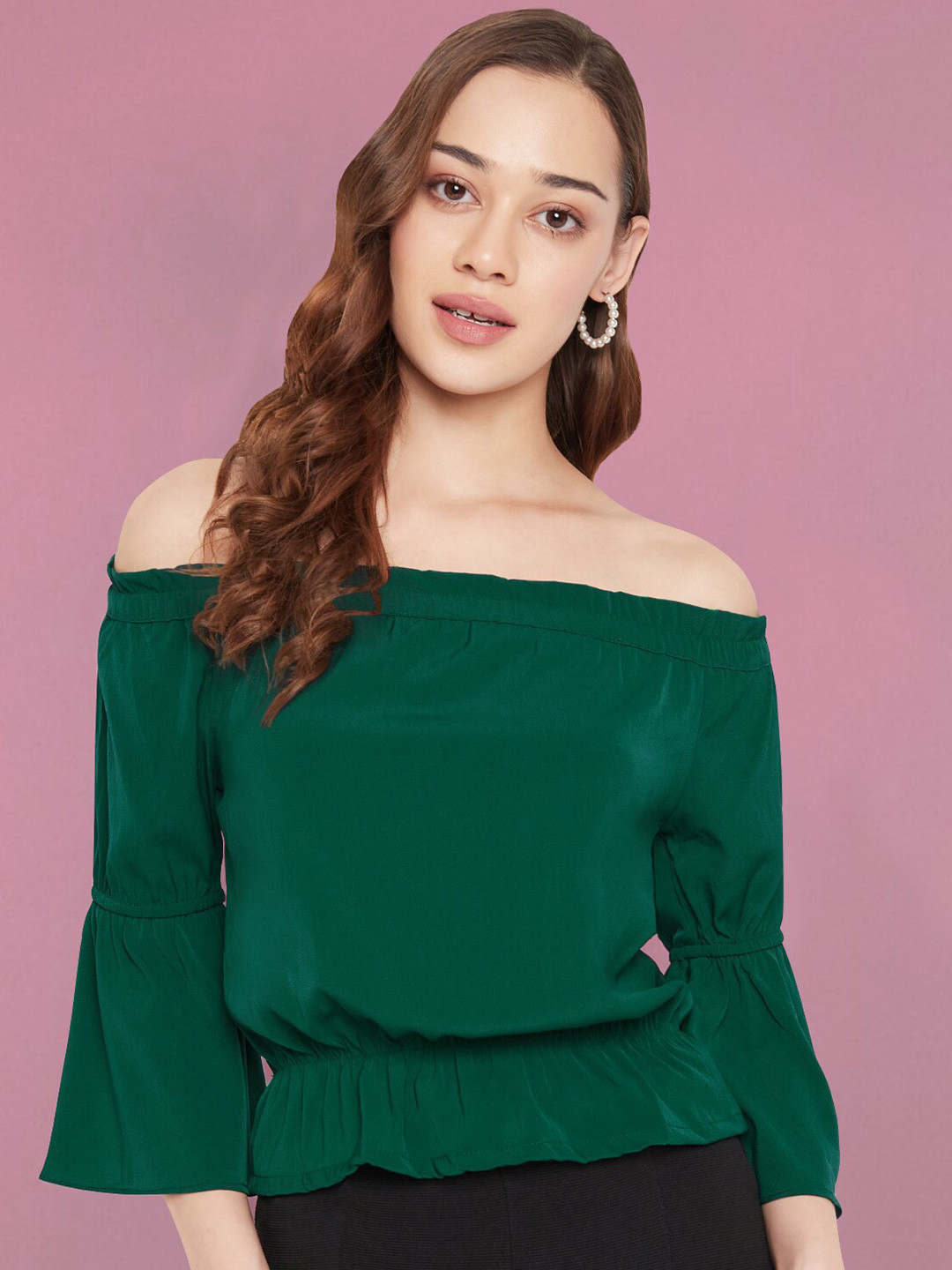 Martini Green Off-Shoulder Bell Sleeves Ruffles Bardot Top