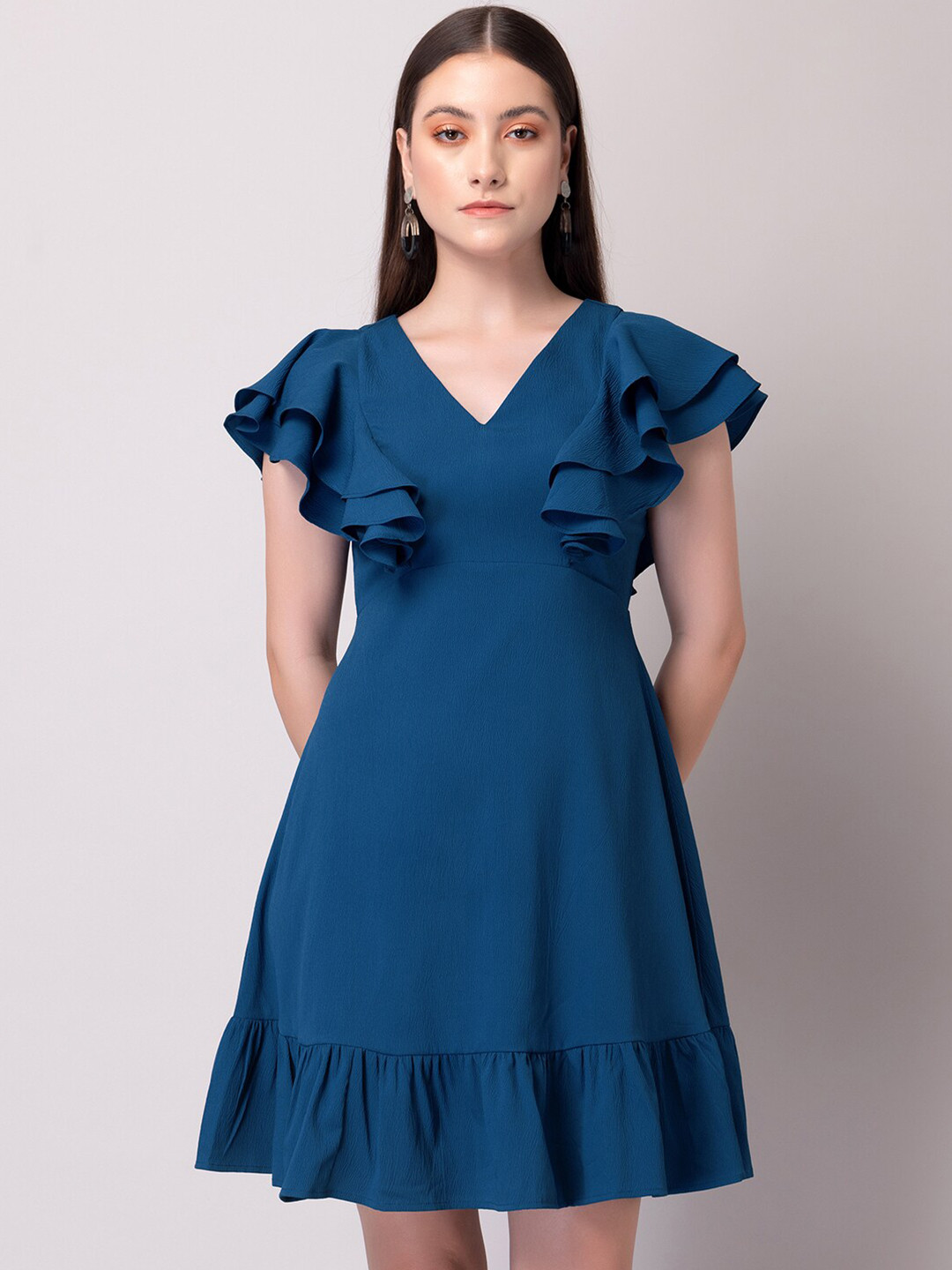 FabAlley Blue Flutter Sleeves A-Line Dress