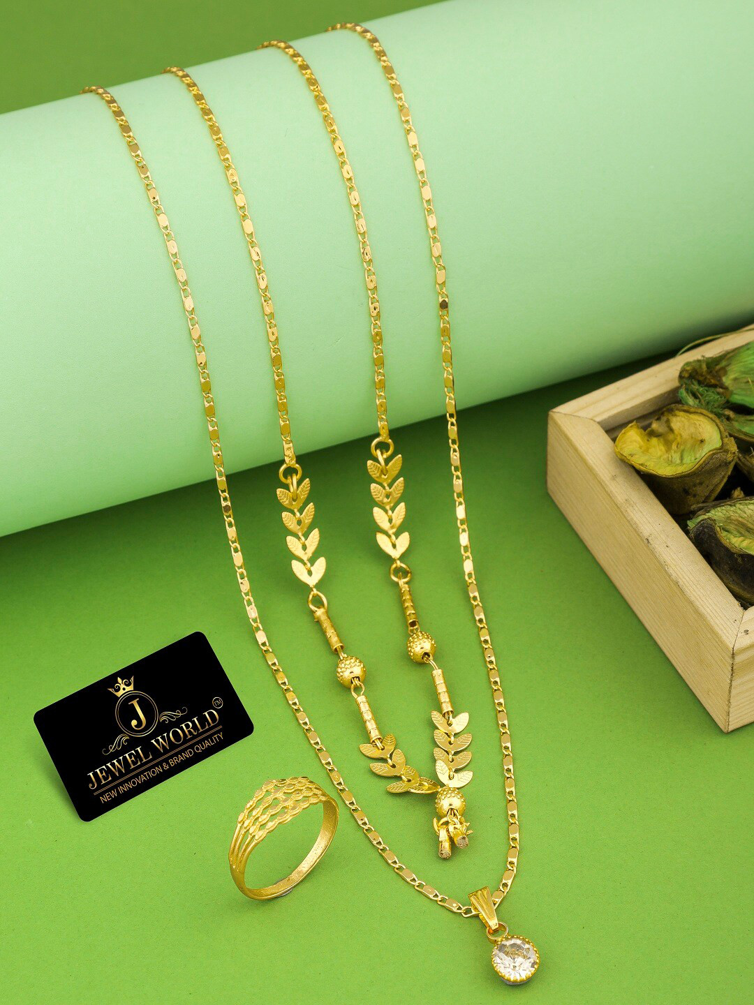 JEWEL WORLD Set of 2 Gold-Plated Beaded Mangalsutra With Finger Ring