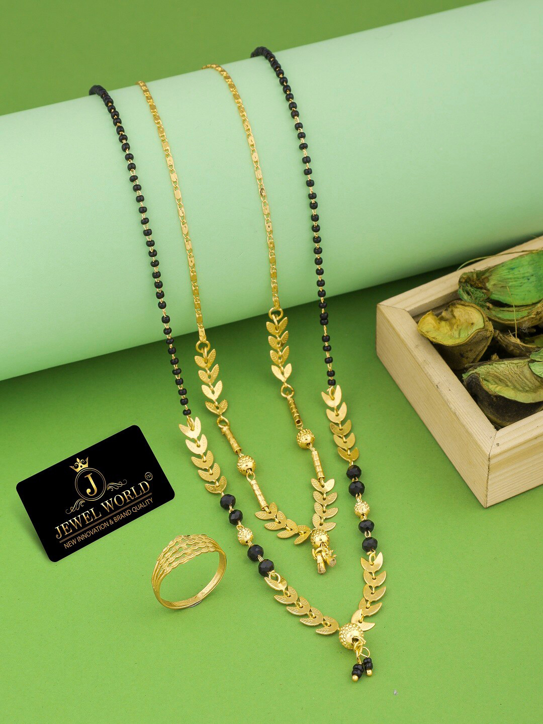 JEWEL WORLD Set Of 3 Gold-Plated Stone-Studded & Beaded Mangalsutra With Rings