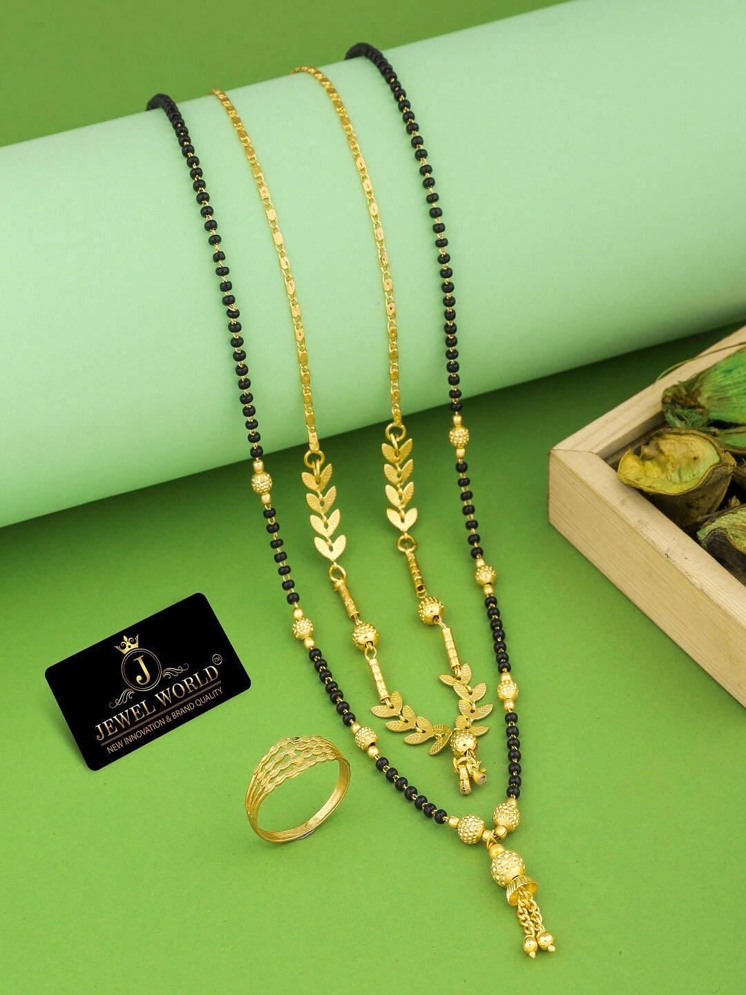 JEWEL WORLD Set Of 2 Gold-Plated & Beaded Mangalsutra With Finger Ring