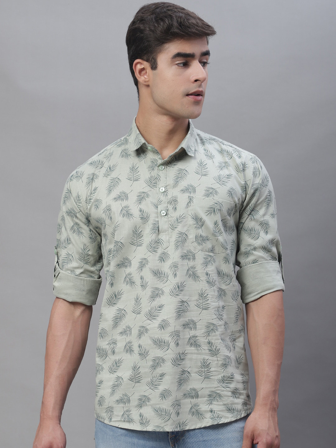 Majestic Man Floral Printed Roll-Up Sleeves Pure Cotton Short Kurta