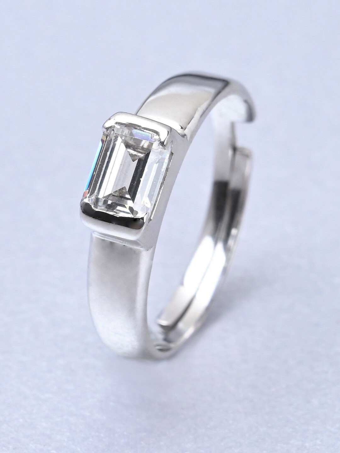 Clara Men 925 Silver Rhodium-Plated Octagon CZ Stone Studded Band Ring