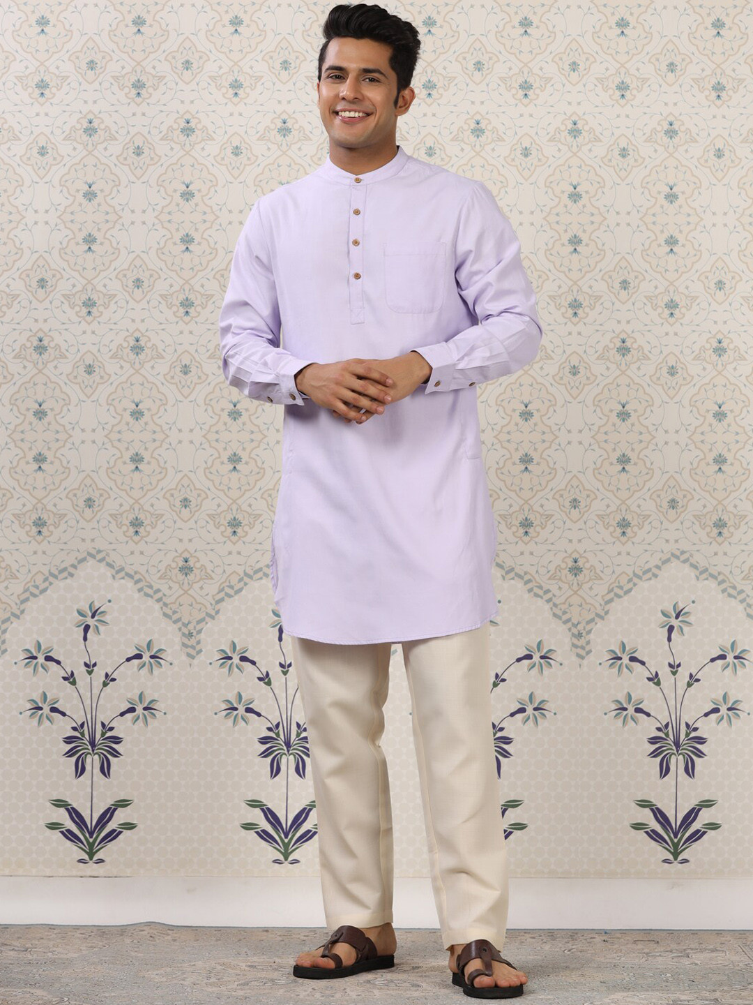 Ode by House of Pataudi Lavender & Beige Band Collar Straight Kurta with Pyjamas