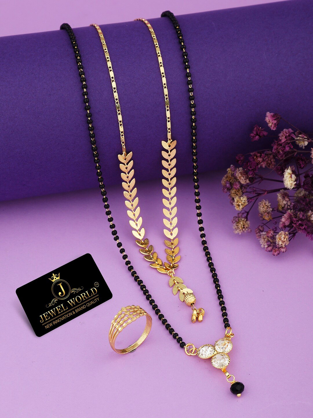JEWEL WORLD Gold-Plated Stone Studded & Beaded Mangalsutra With Chain