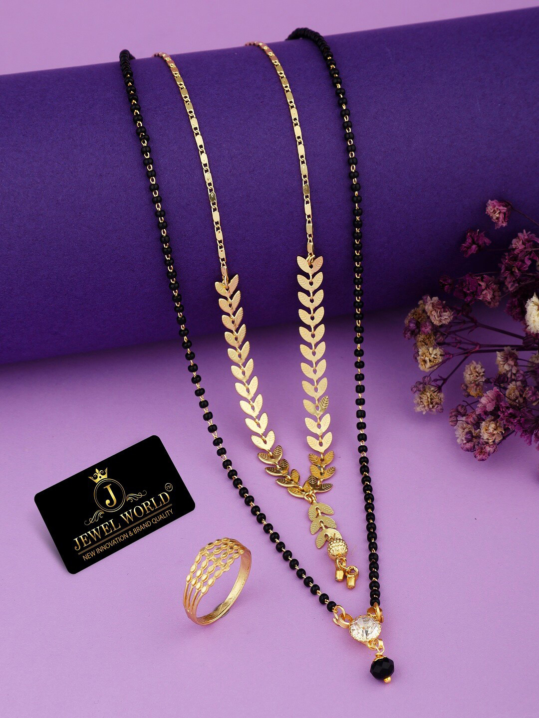 JEWEL WORLD Set Of 3 Gold-Plated Stone-Studded & Beaded Mangalsutra With Rings