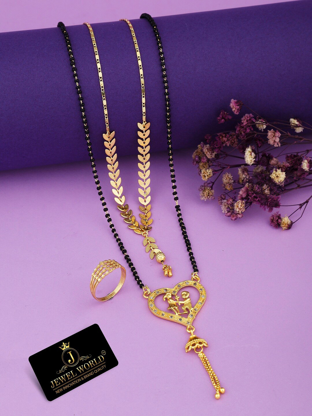 JEWEL WORLD Set of 2 Gold-Plated Beaded Mangalsutra With Finger Ring