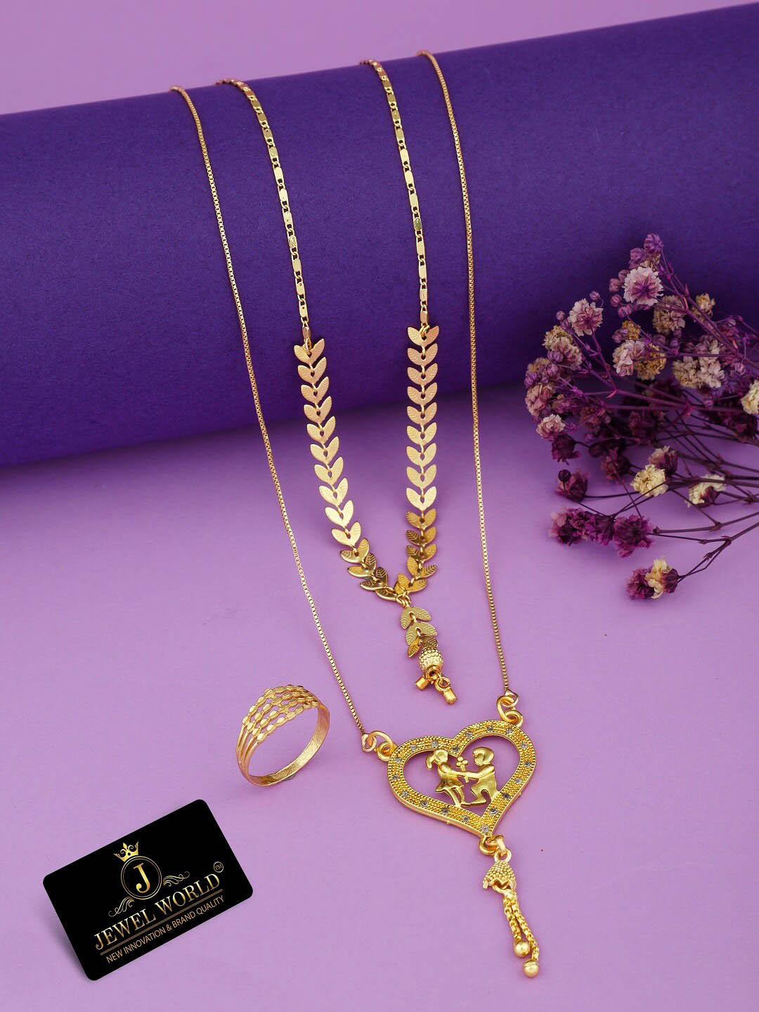 JEWEL WORLD Set Of 3 Gold-Plated Stone-Studded & Beaded Mangalsutra With Rings