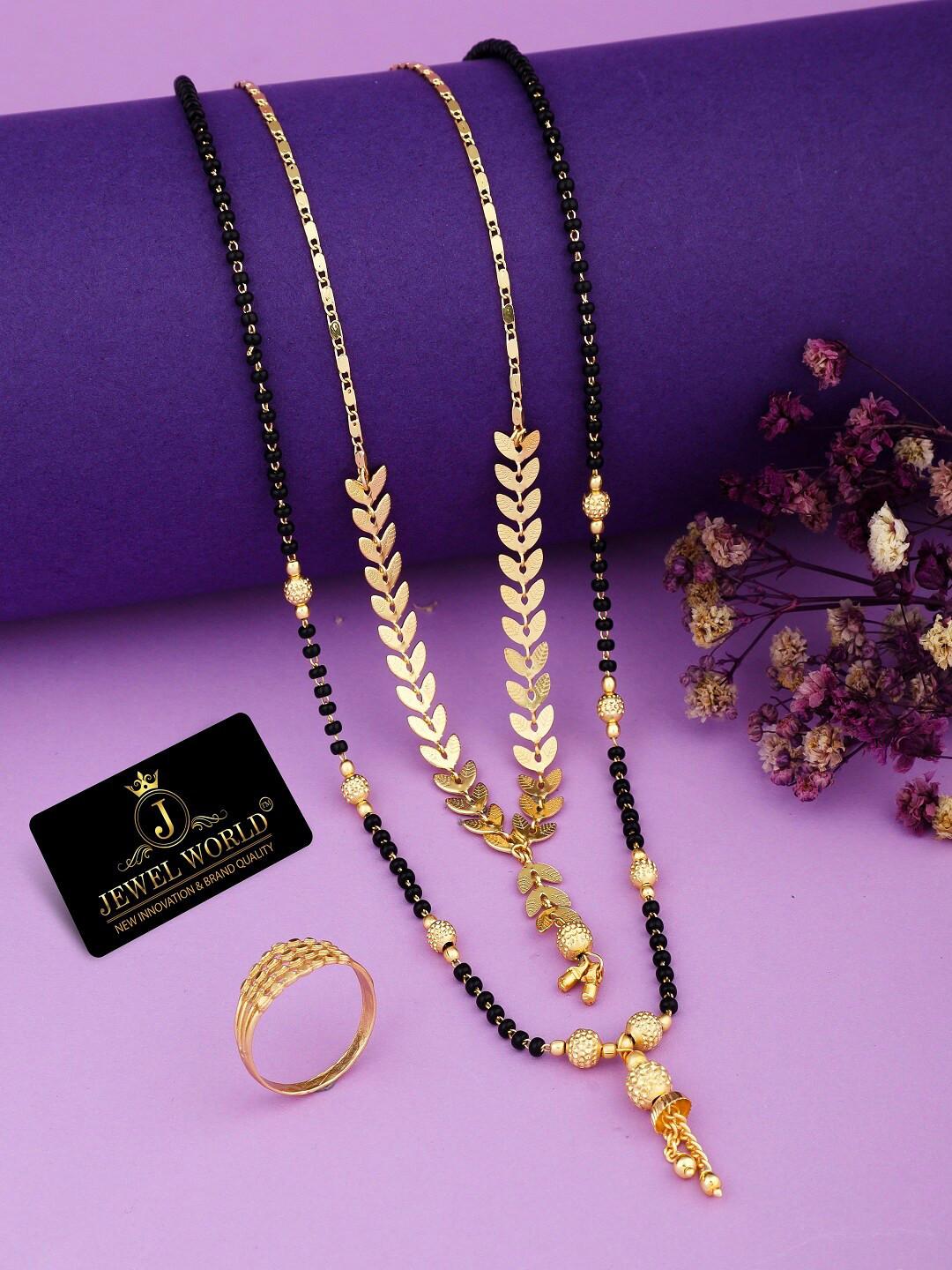 JEWEL WORLD Gold-Plated Stone Studded & Beaded Mangalsutra With Chain