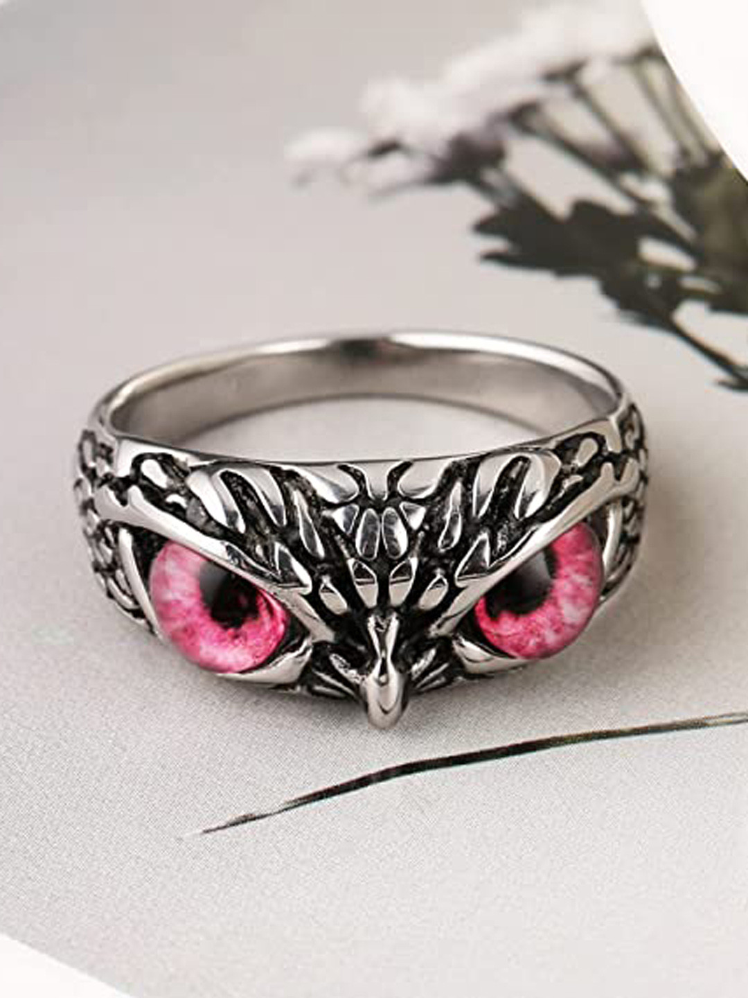VIEN Silver-Plated Stone Studded Owl Eye Finger Ring