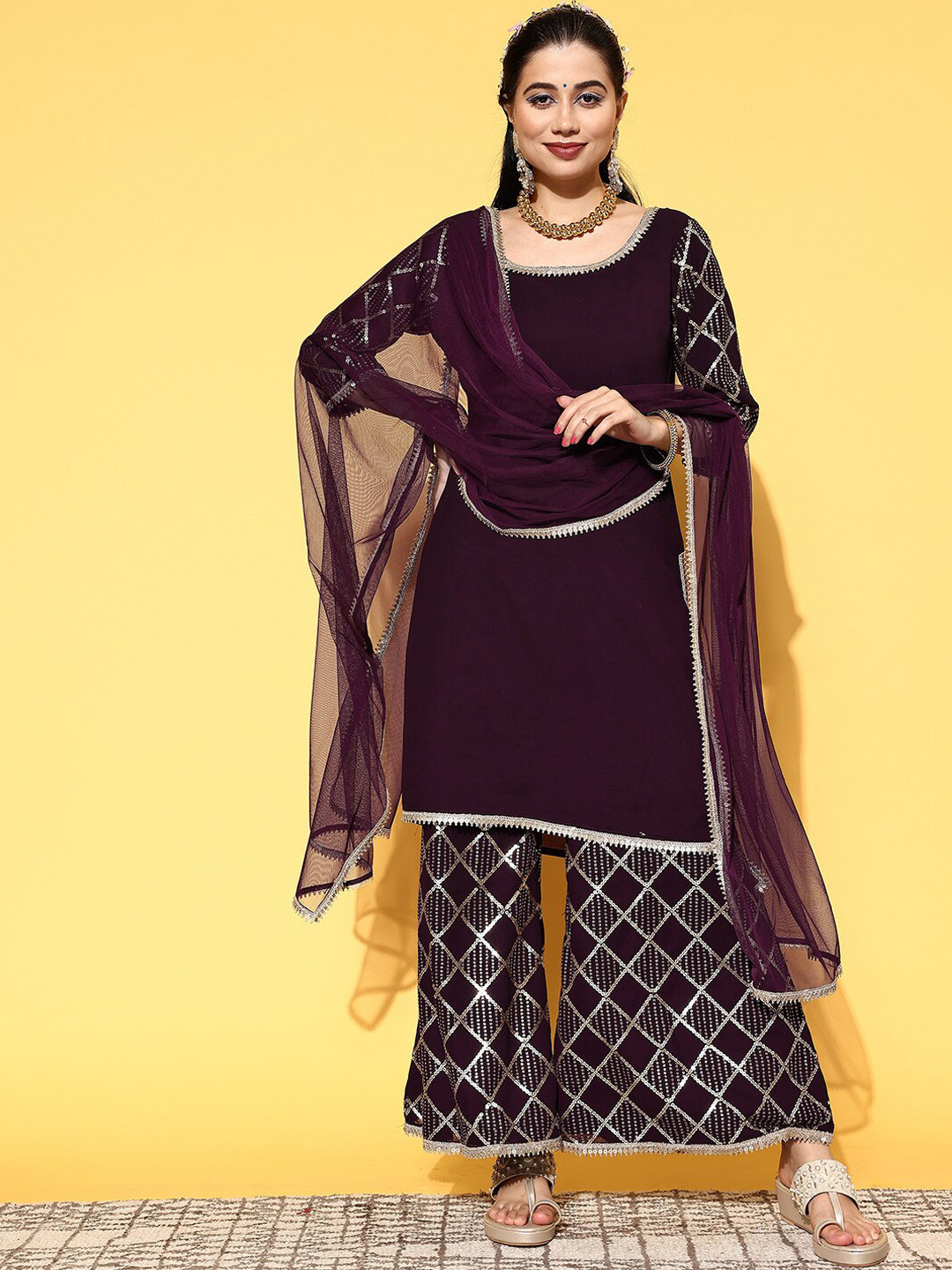 Libas Purple Sequinned Kurta with Palazzos & Dupatta