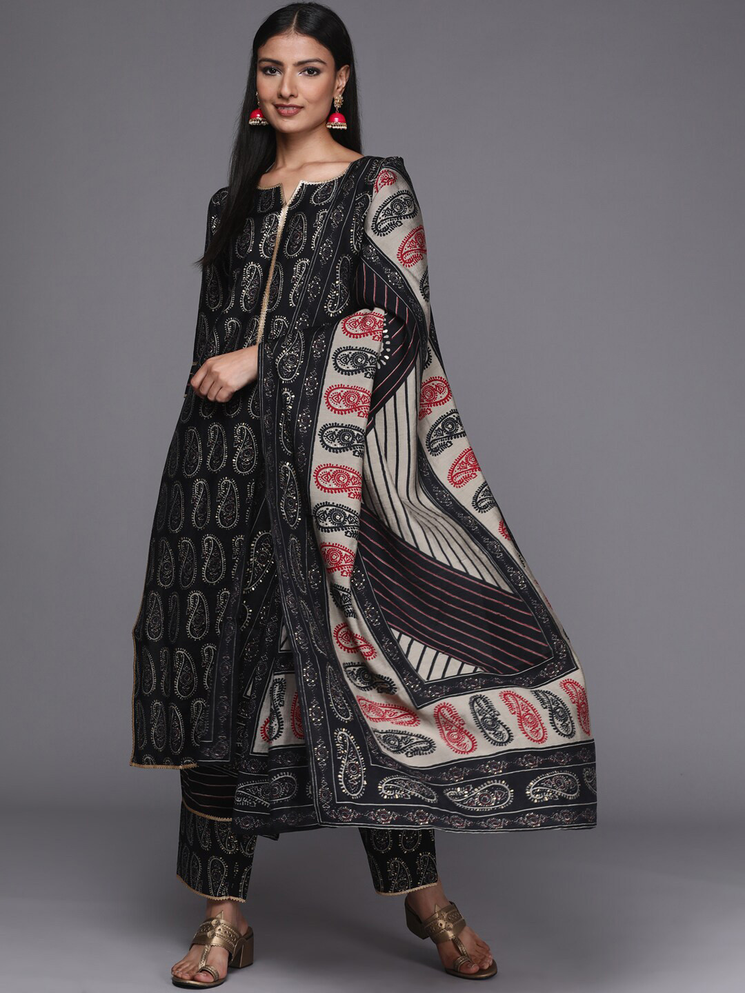 Libas Black Paisley Printed Gotta Patti Kurta with Trousers & Dupatta