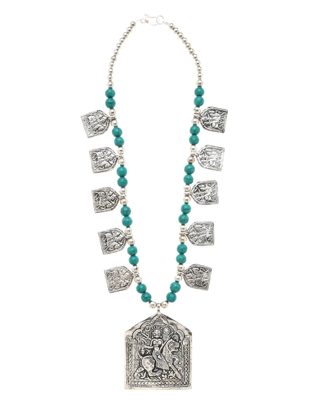 Bamboo Tree Jewels Silver-Toned & Green Tribal Necklace
