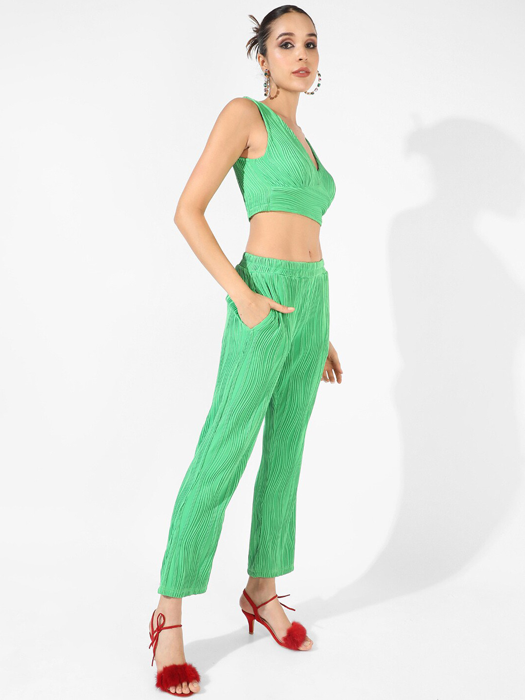 Campus Sutra Green Textured Top & Trousers