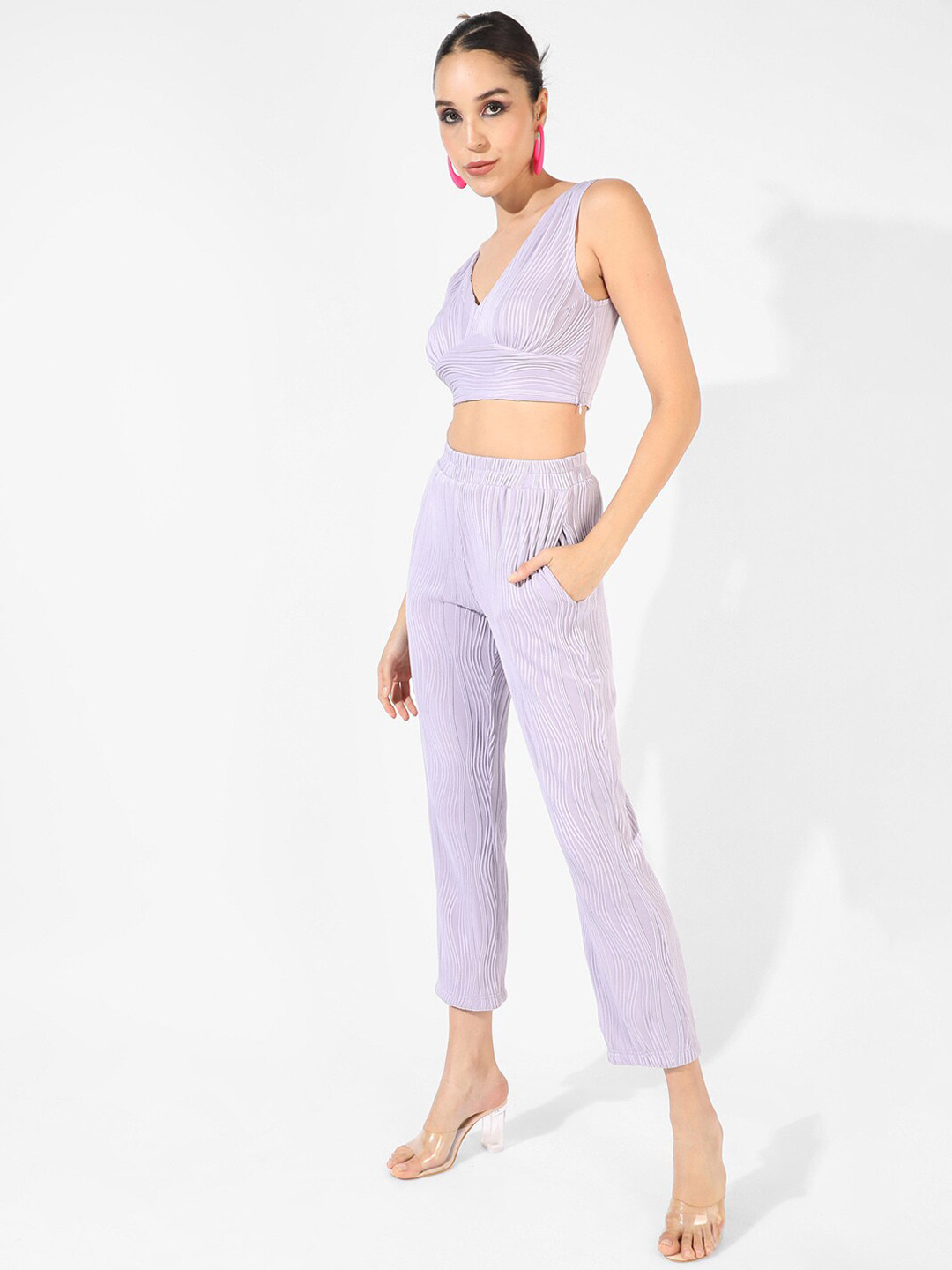 Campus Sutra Purple Textured Top & Trousers