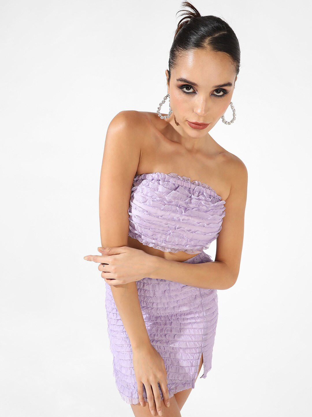 Campus Sutra Purple Ruffle Detailed Textured Top With Skirts