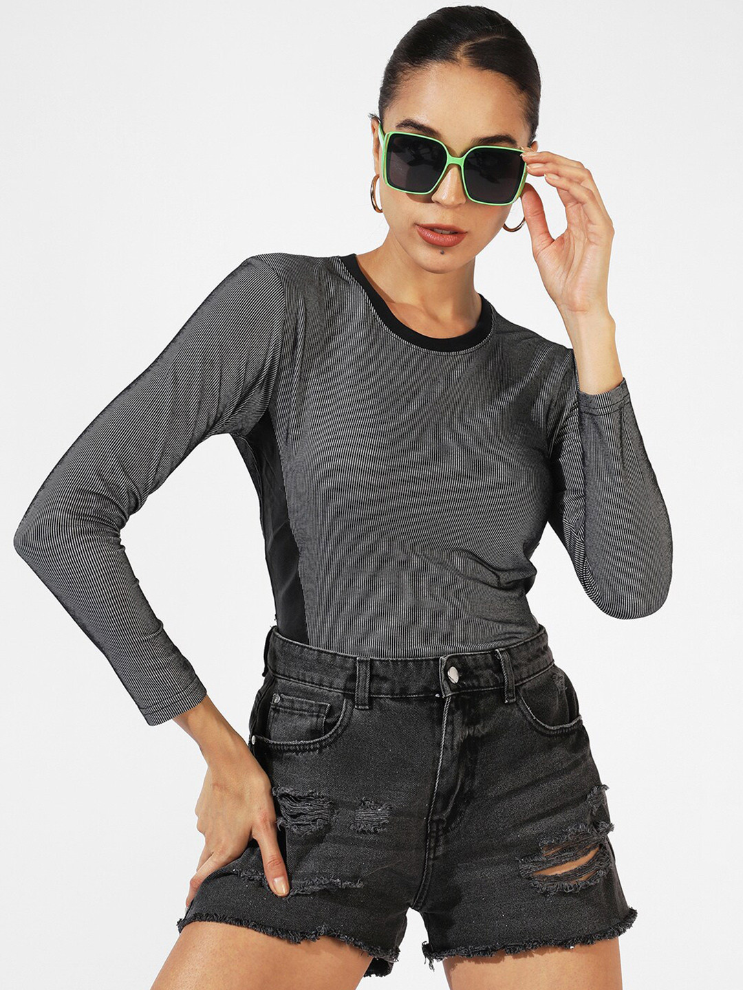 Campus Sutra Panel Pin Striped Long Sleeve Top