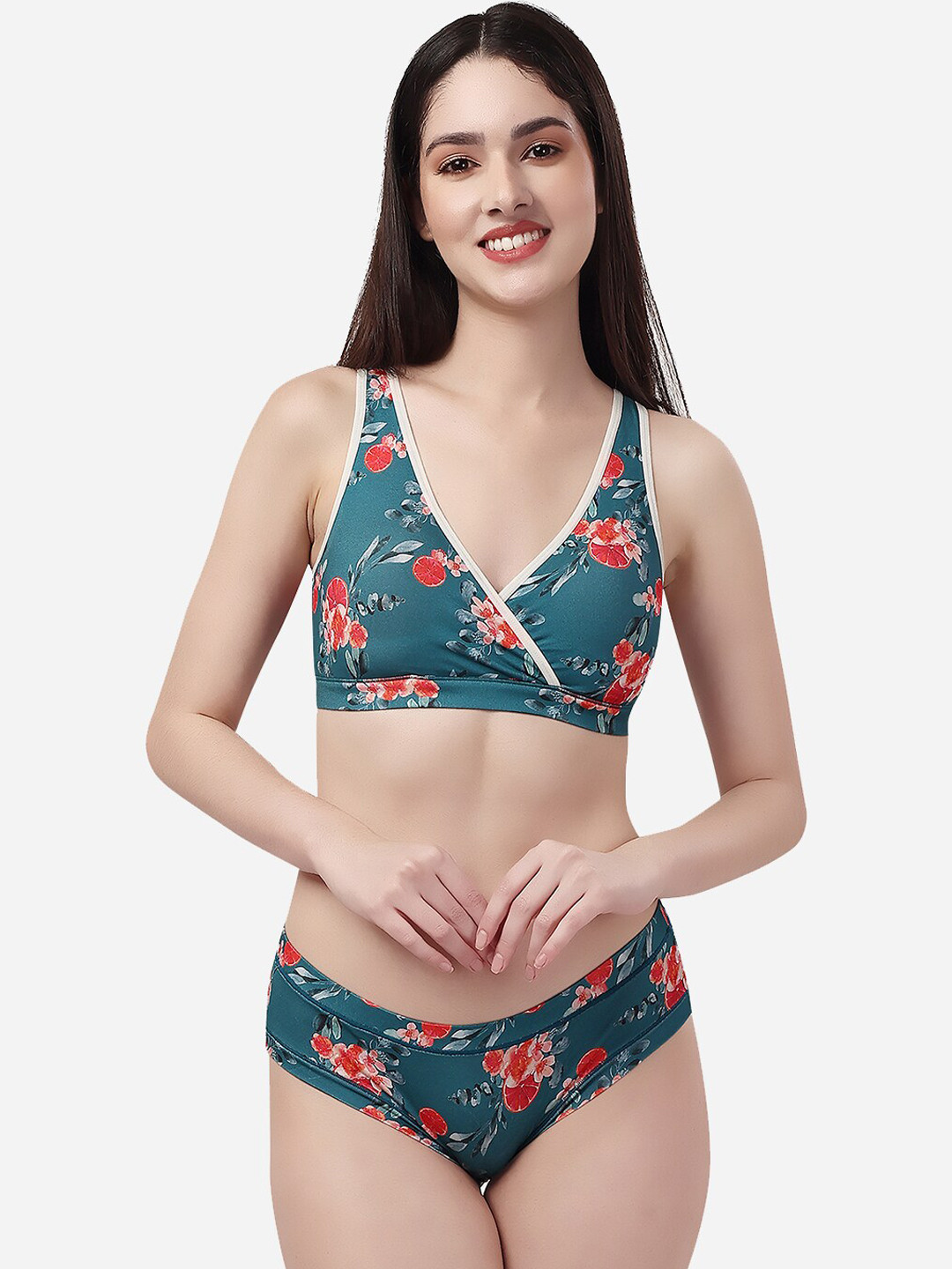 Soie Printed Non Padded Non Wired Lounge Bra with Mid Rise Seamless Full Coverage Brief