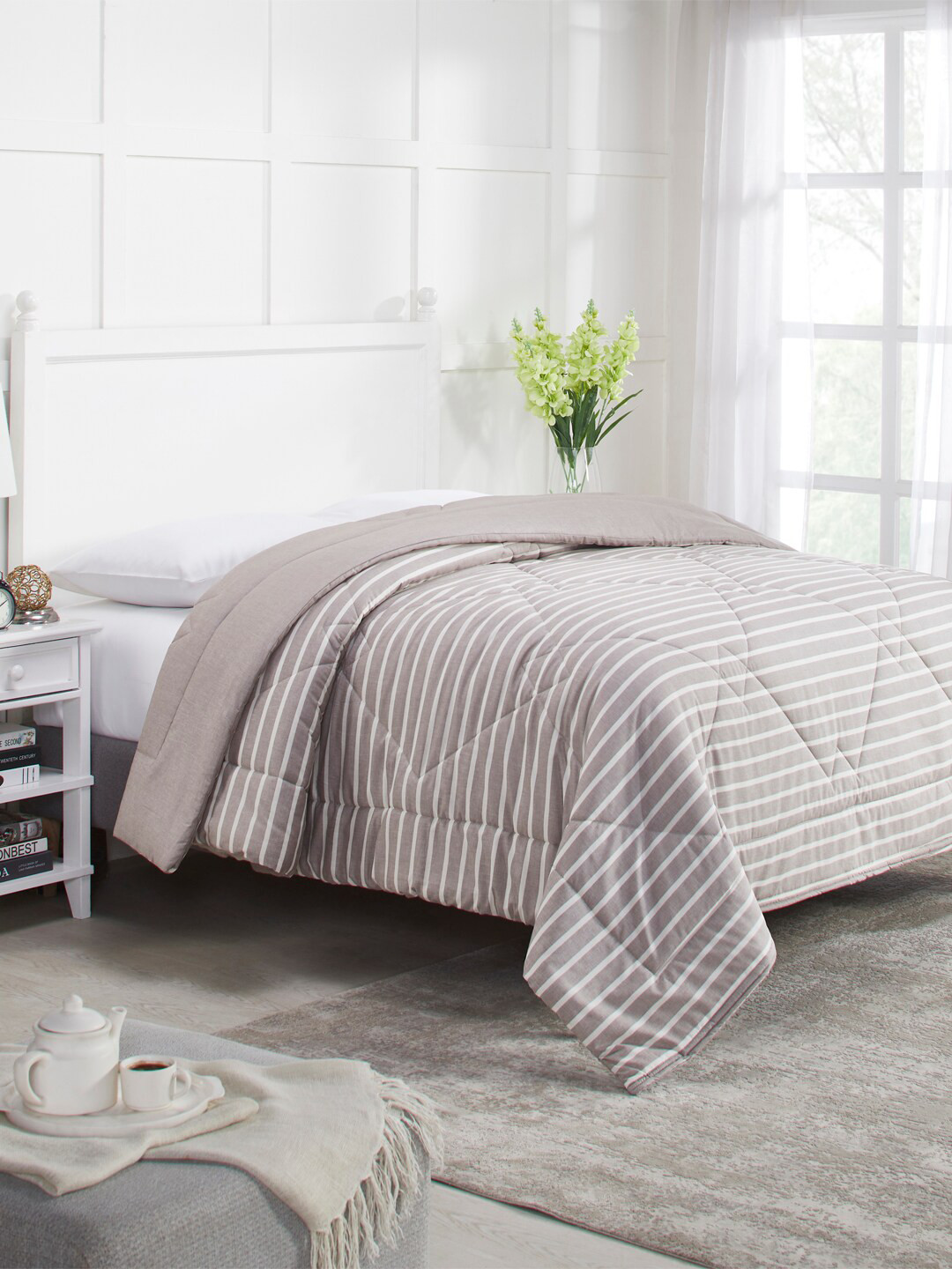 MYTRIDENT Grey  White Striped Mild Winter 120 GSM Double Bed Comforter