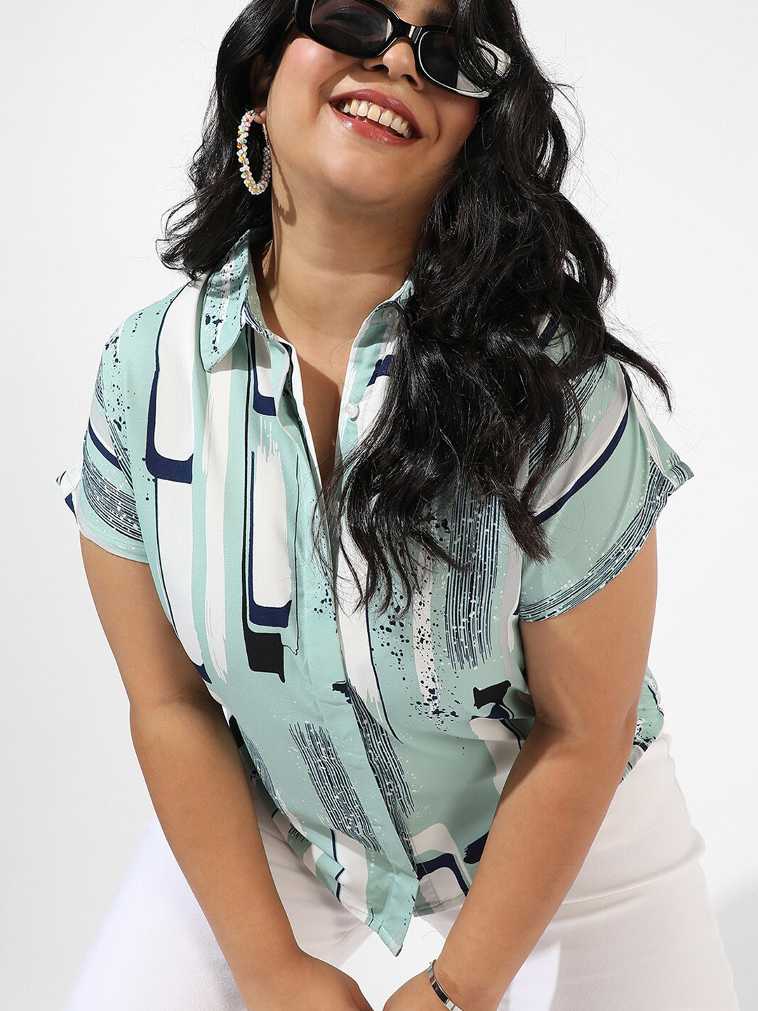 Instafab Plus Abstract Printed Extended Sleeves Shirt Style Top