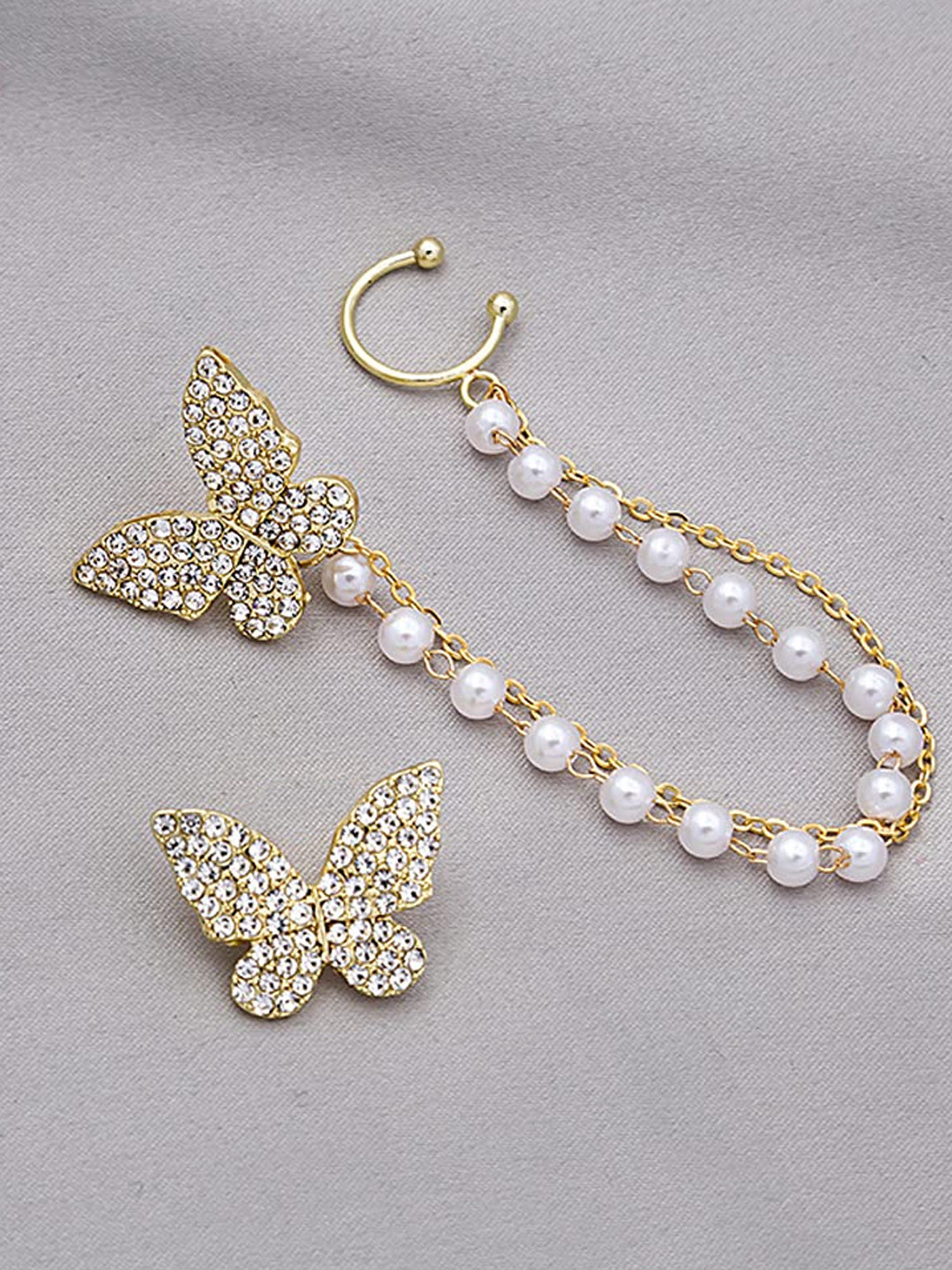OOMPH Butterfly Crystal & Chain Fashion Ear Cuff Earrings
