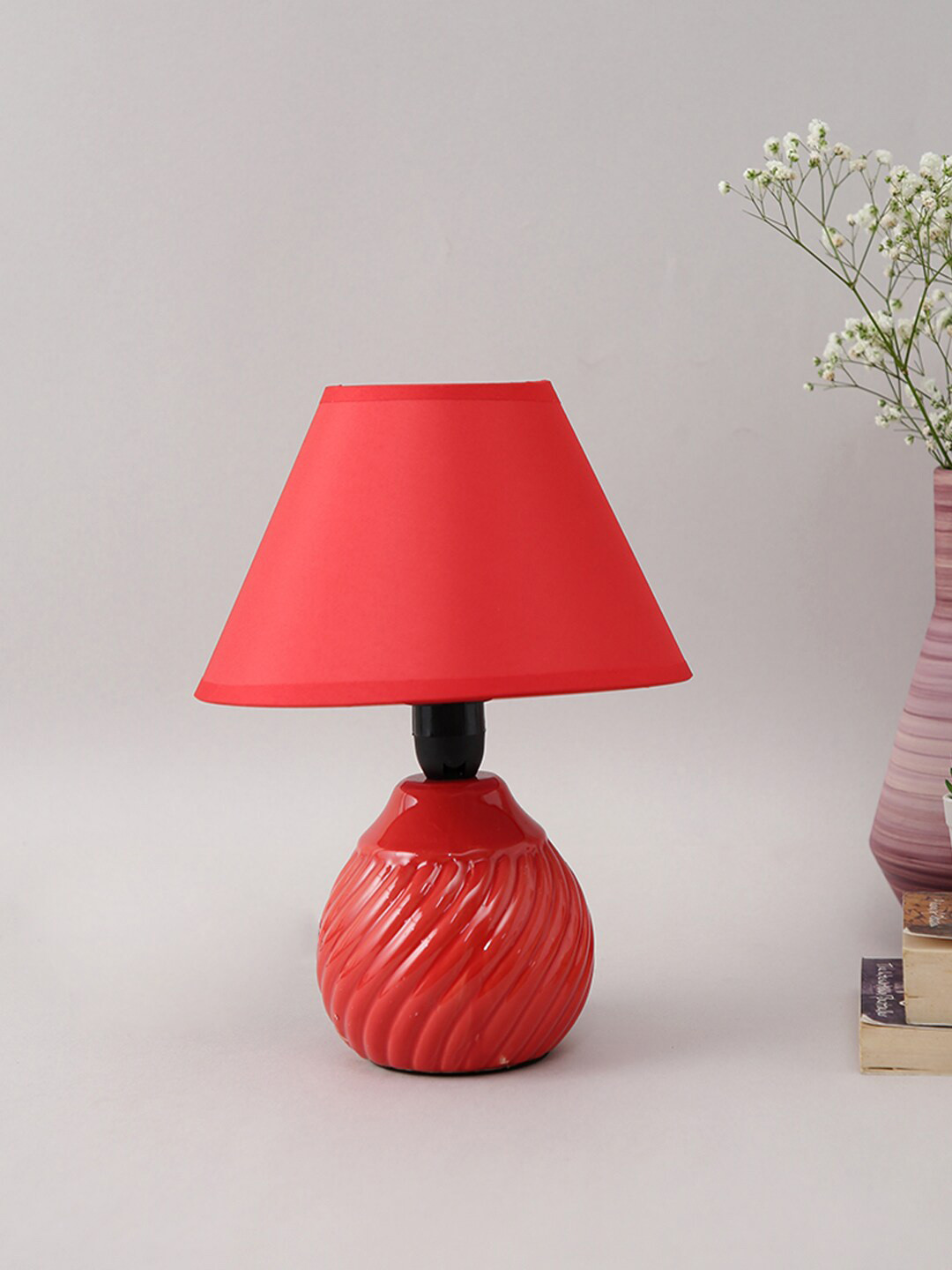 TAYHAA Red Textured Ceramic Round Table Lamp