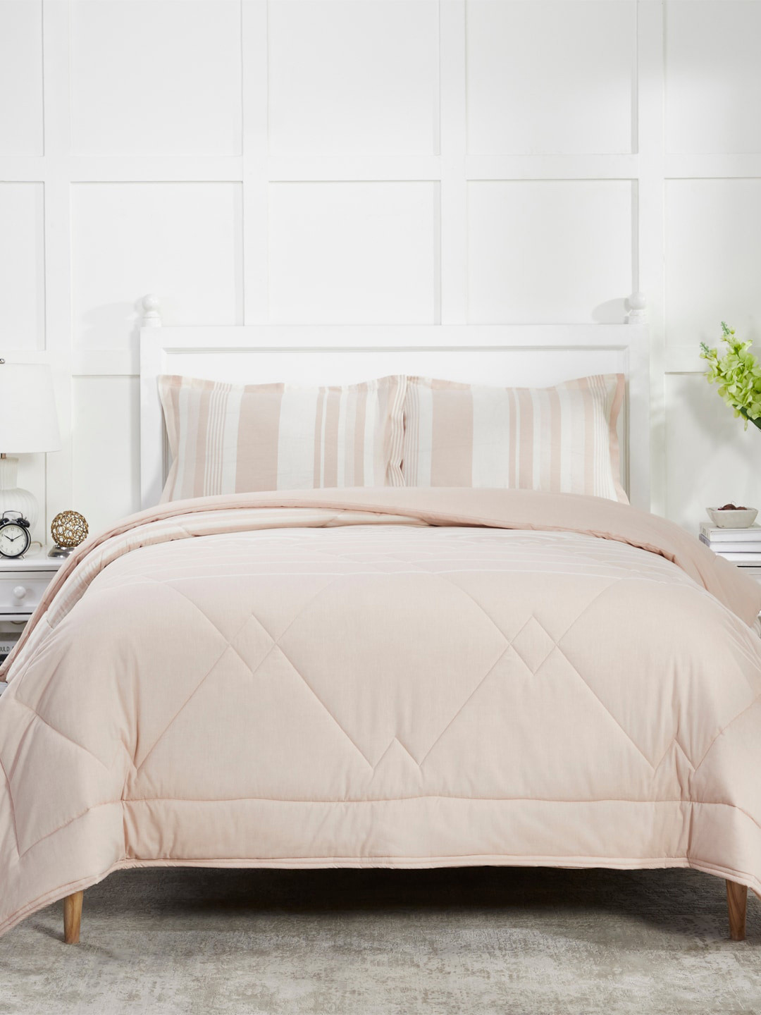 MYTRIDENT Pink  White Striped Double King Bedding Set