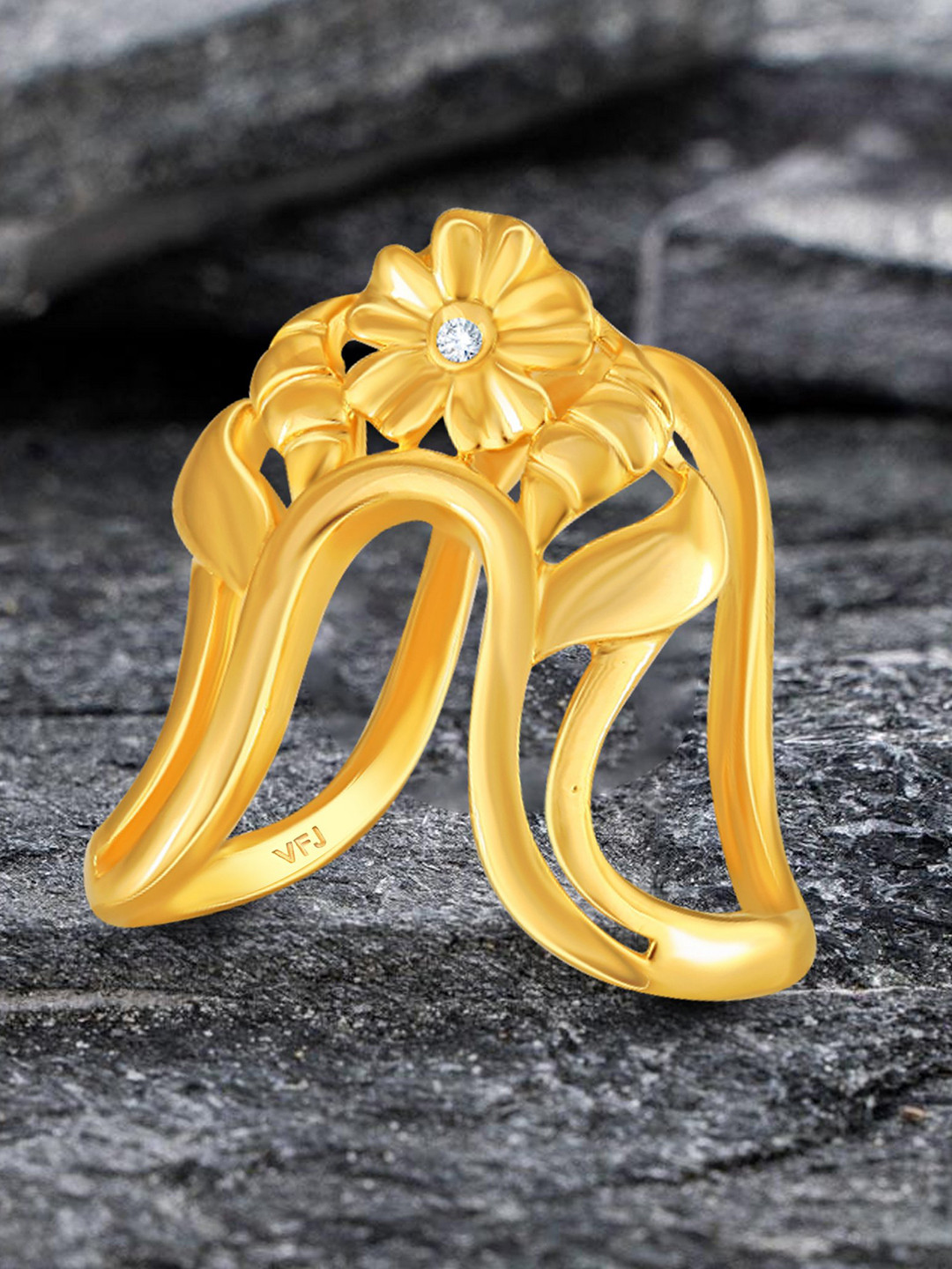 Vighnaharta Gold-Plated CZ-Studded Cuffed Brass Finger Ring