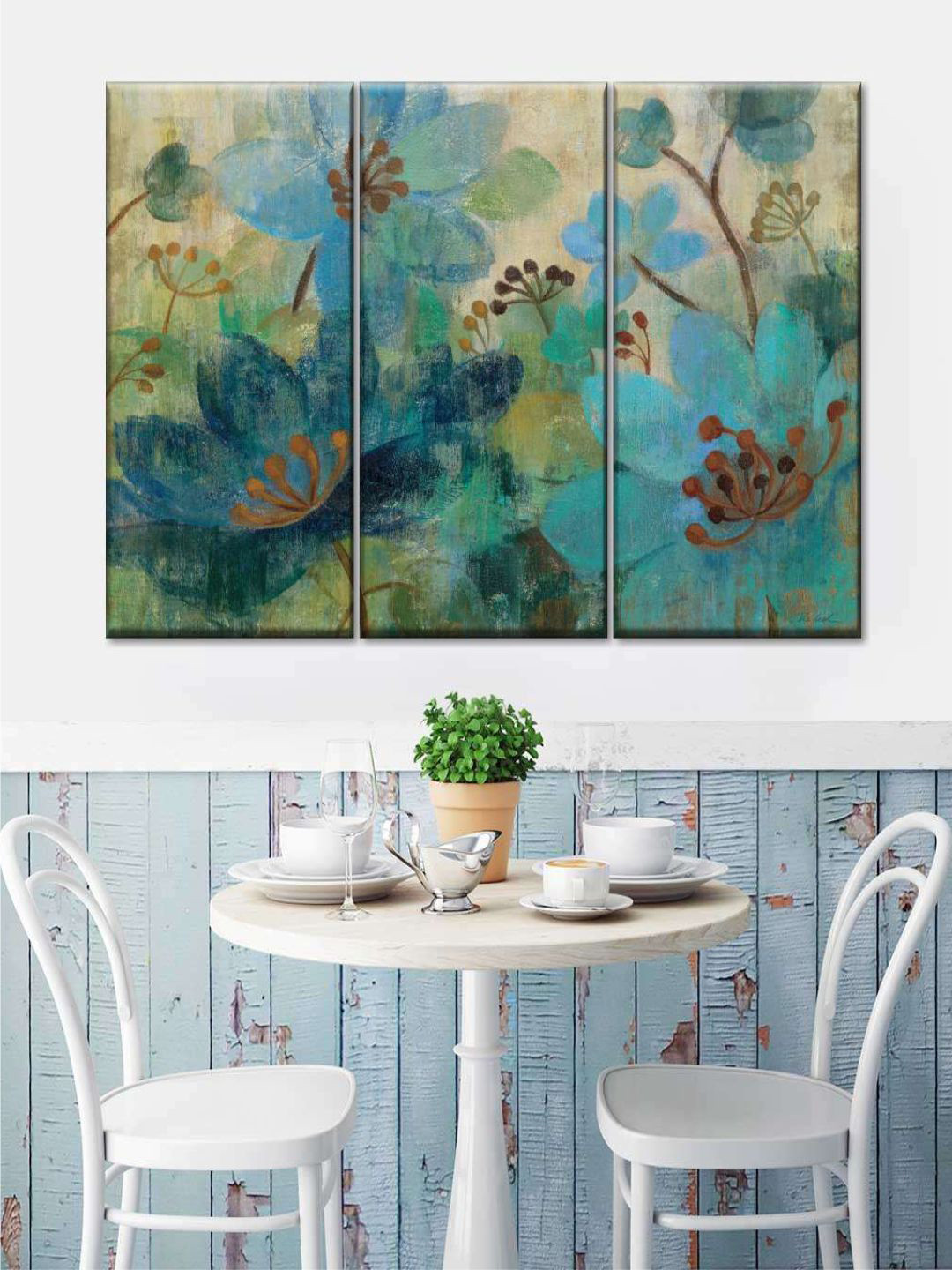 POSTERS AND TRUSS Green & Blue 3 Pieces Peacock Garden Painting Wall Art