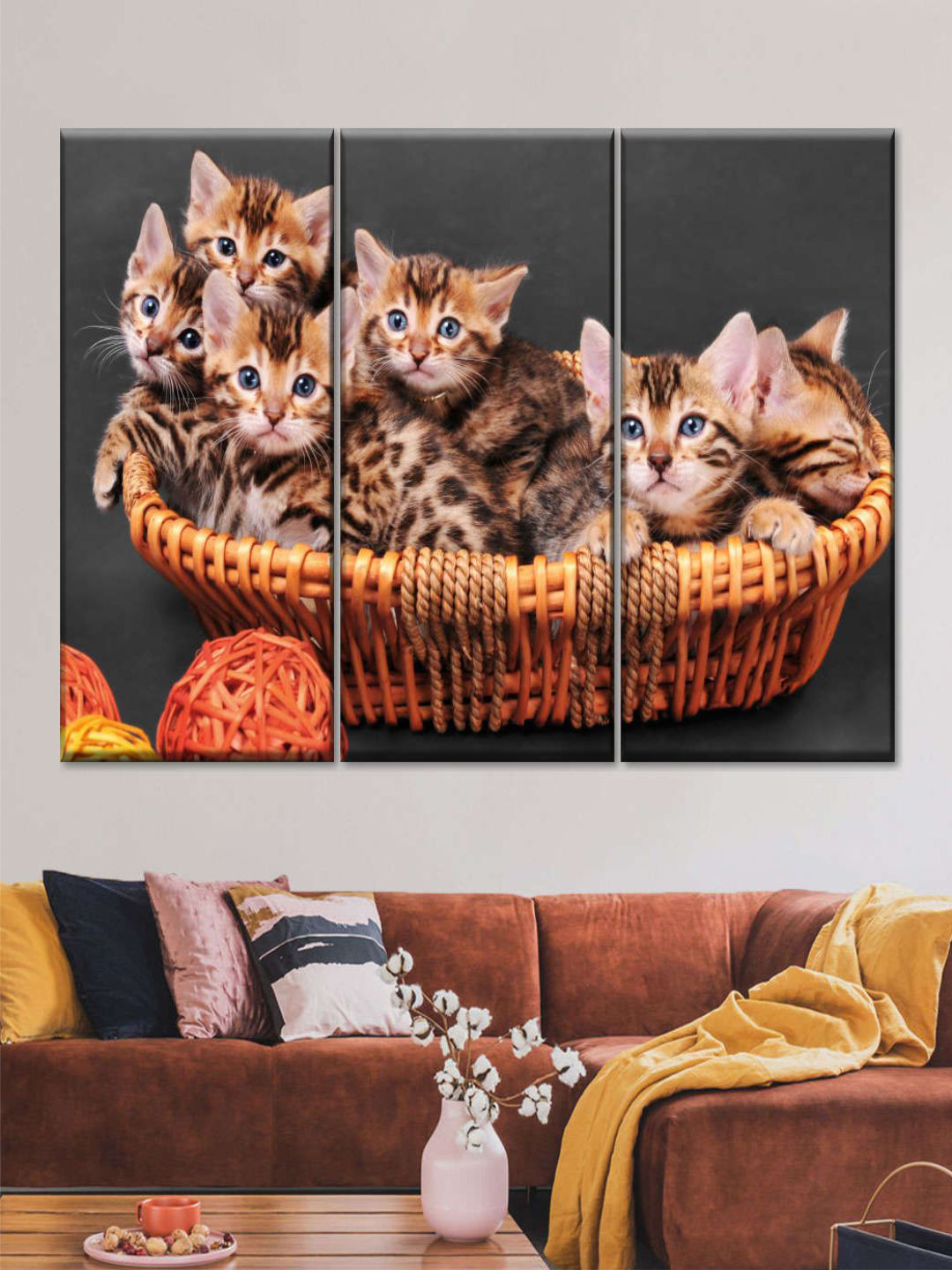 POSTERS AND TRUSS Black & Beige 3 Pieces Cat Landscape Painting Wall Art